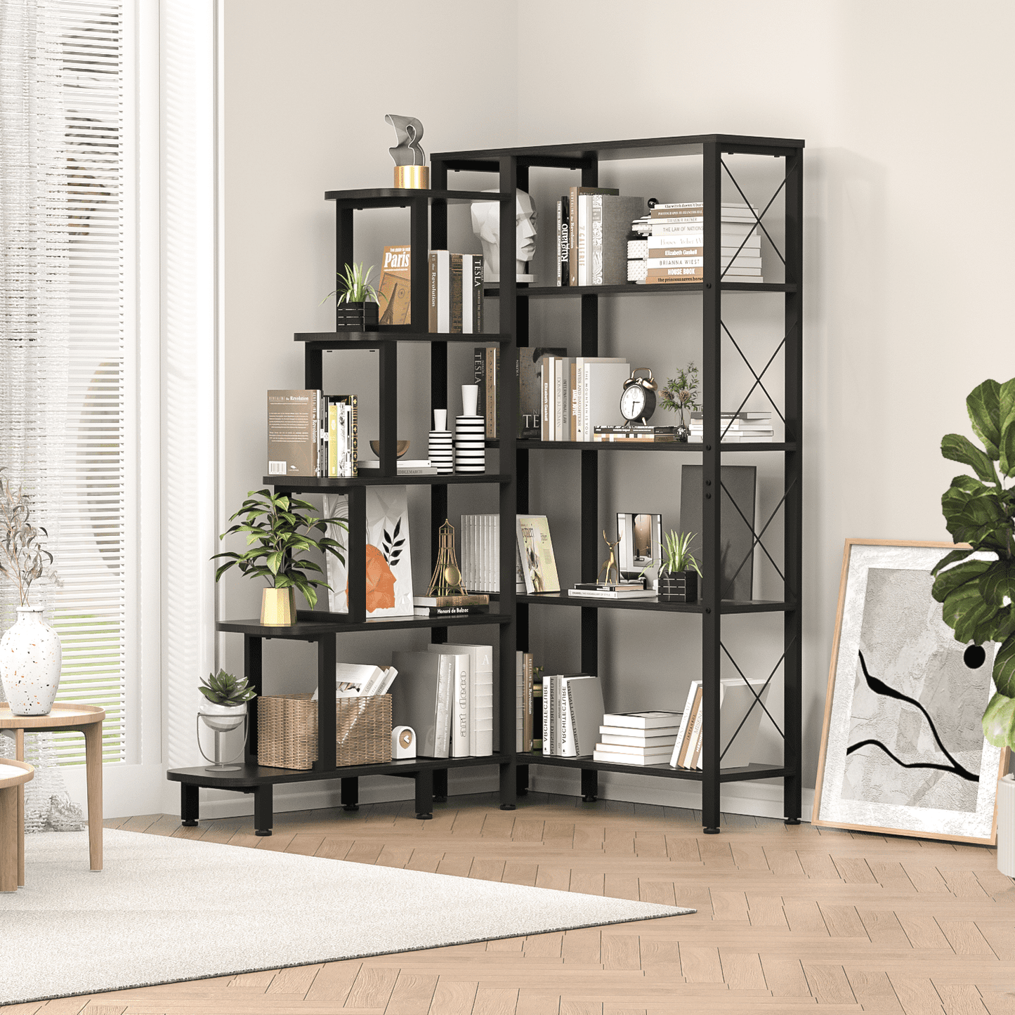 NBTiger 5- Shelf Study Corner Bookshelf, L-Shaped Large Reversible Bookcase Storage Organizer Open Display Freestanding Storage, Black