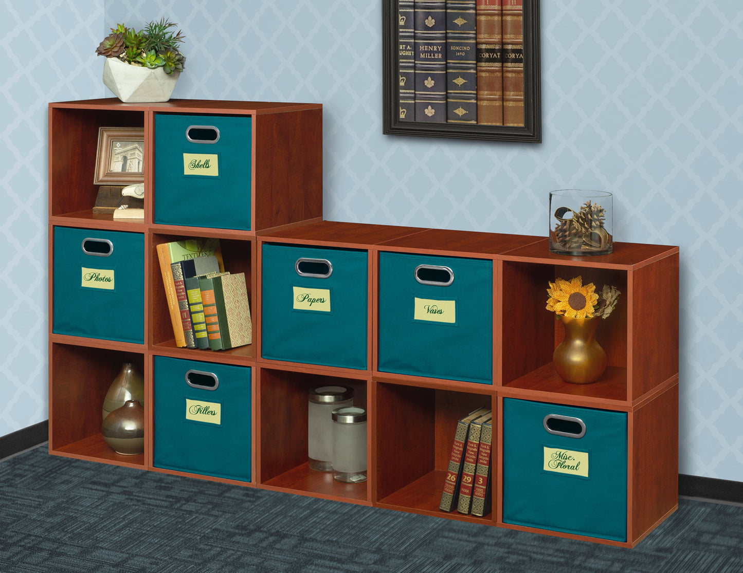 Niche Cubo Storage Organizer Open Bookshelf Set- 12 Cubes 6 Canvas Bins- Cherry/Teal