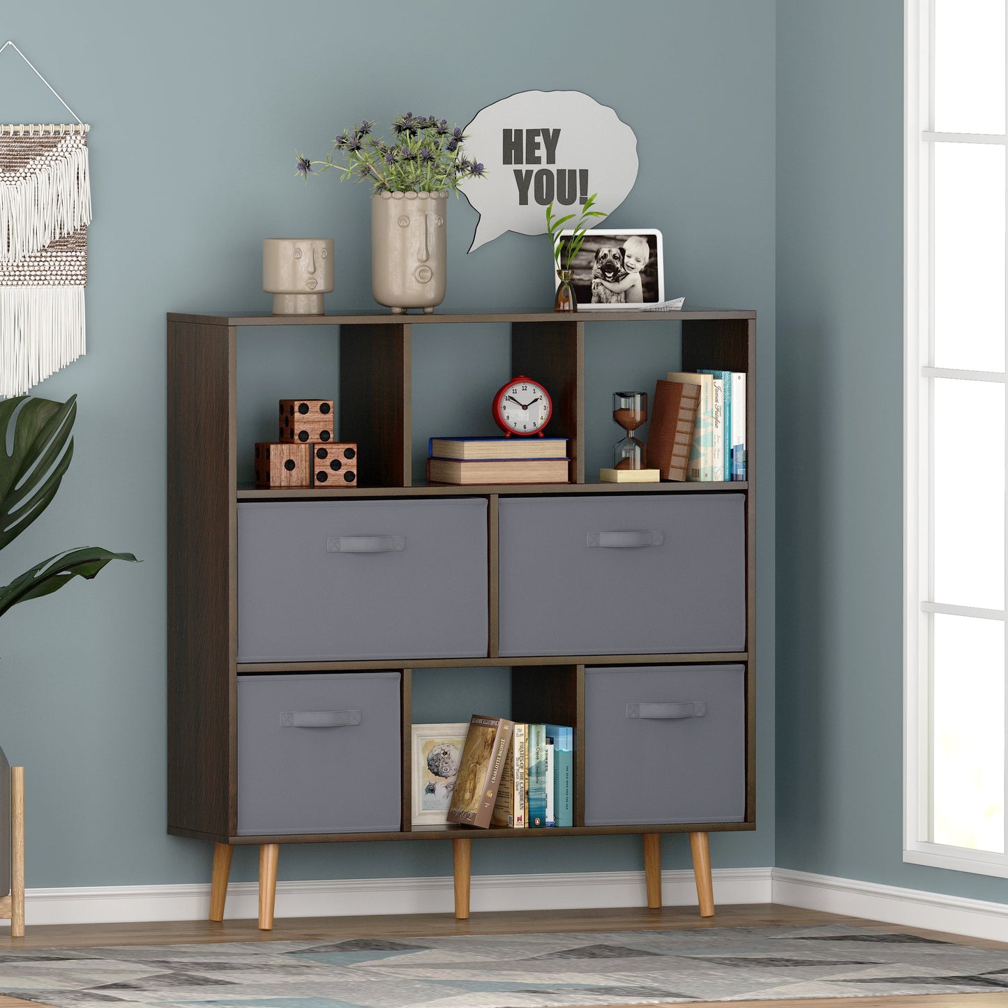 Zimtown 8-Cube Bookcase and Bookshelf, 42.1in H Free Standing Storage Organizer with 4 Fabric Bins for Living Room, Bedroom, Office, Brown