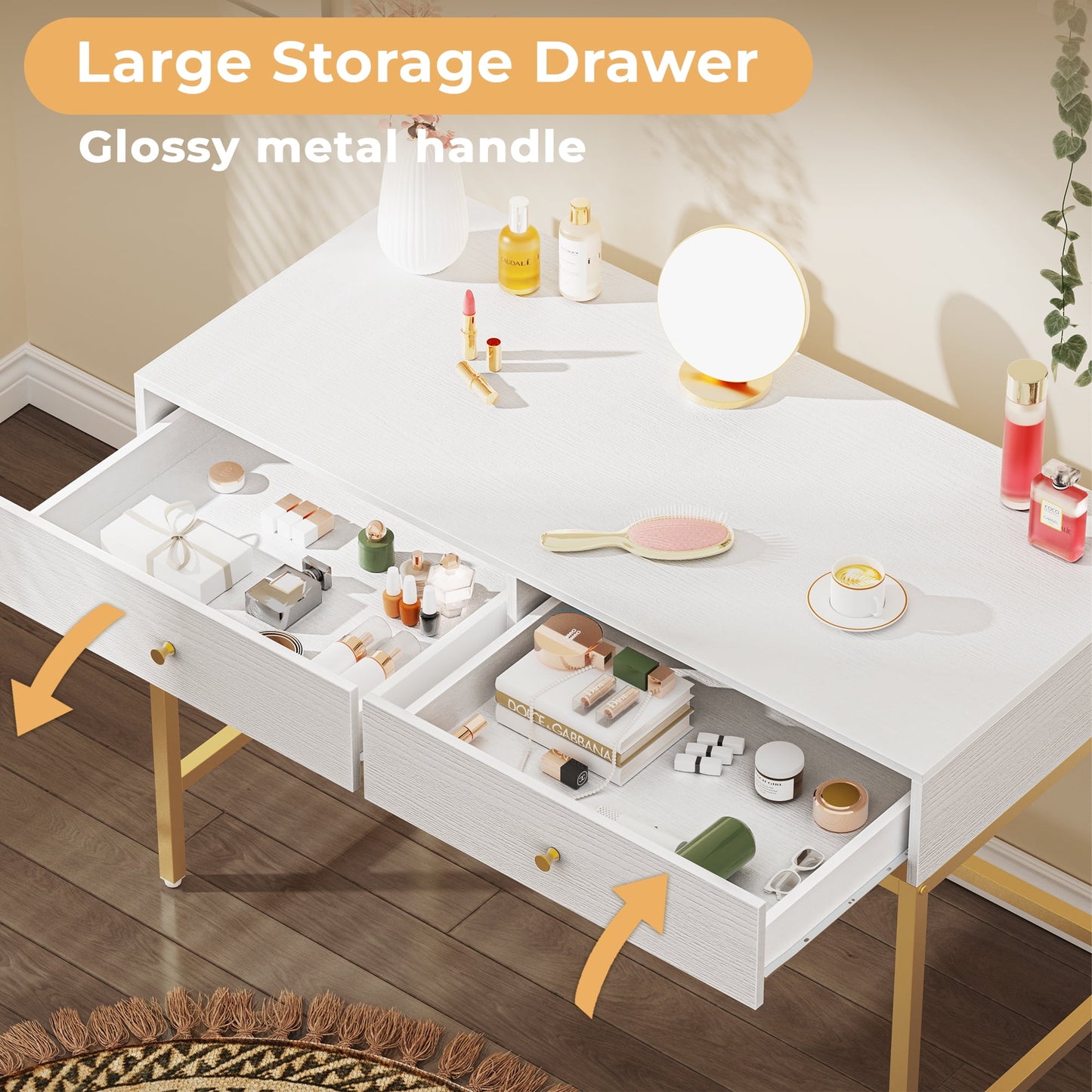 47.2in White and Gold Desk with Drawers, Makeup Vanity Desk, Modern Vanity Table, Computer Desk, Makeup Dressing Table, for Bedroom and Living Room