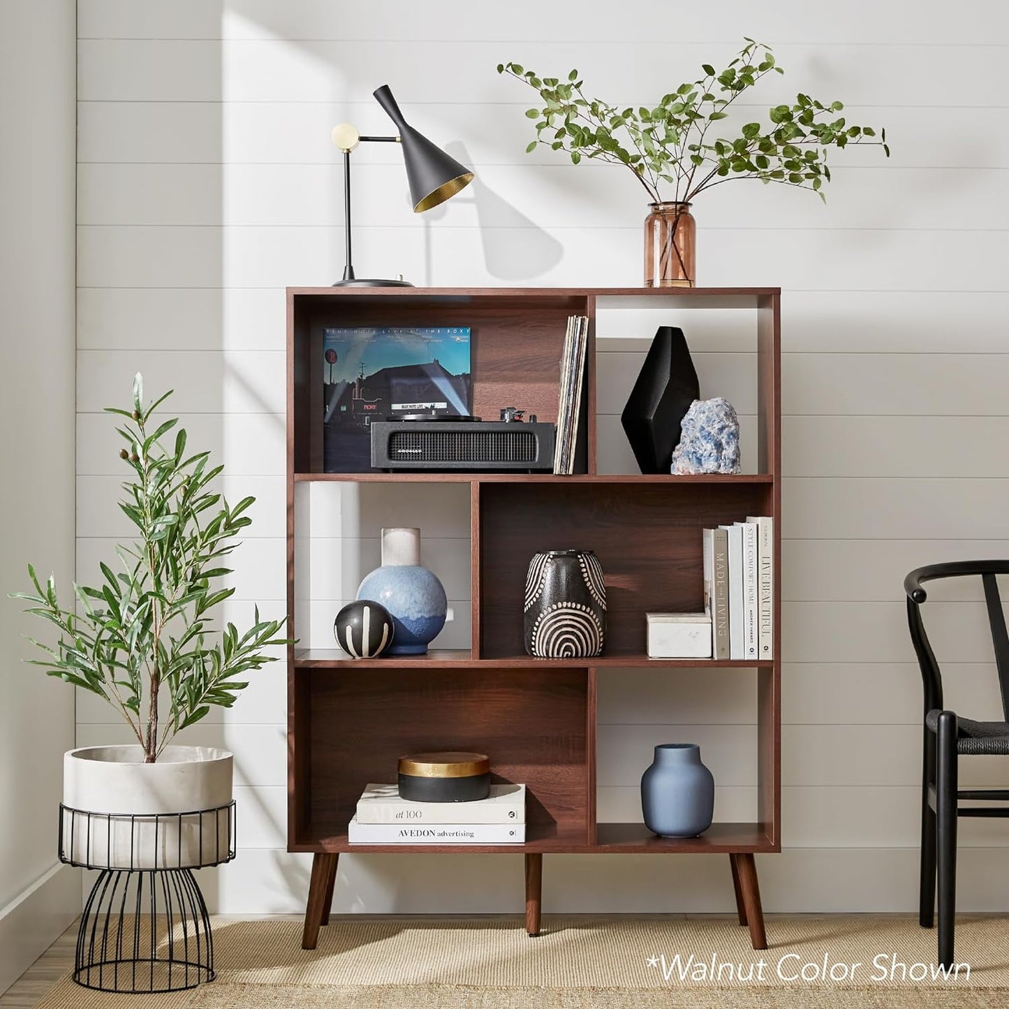 CGFHYP VGYUIJN 3-Tier Mid-Century Modern Wooden Bookcase 6-Cube Organizer for Nursery VGYUIJN Room Living Room w/Removable Back Panels Pine Legs - Gray Oak