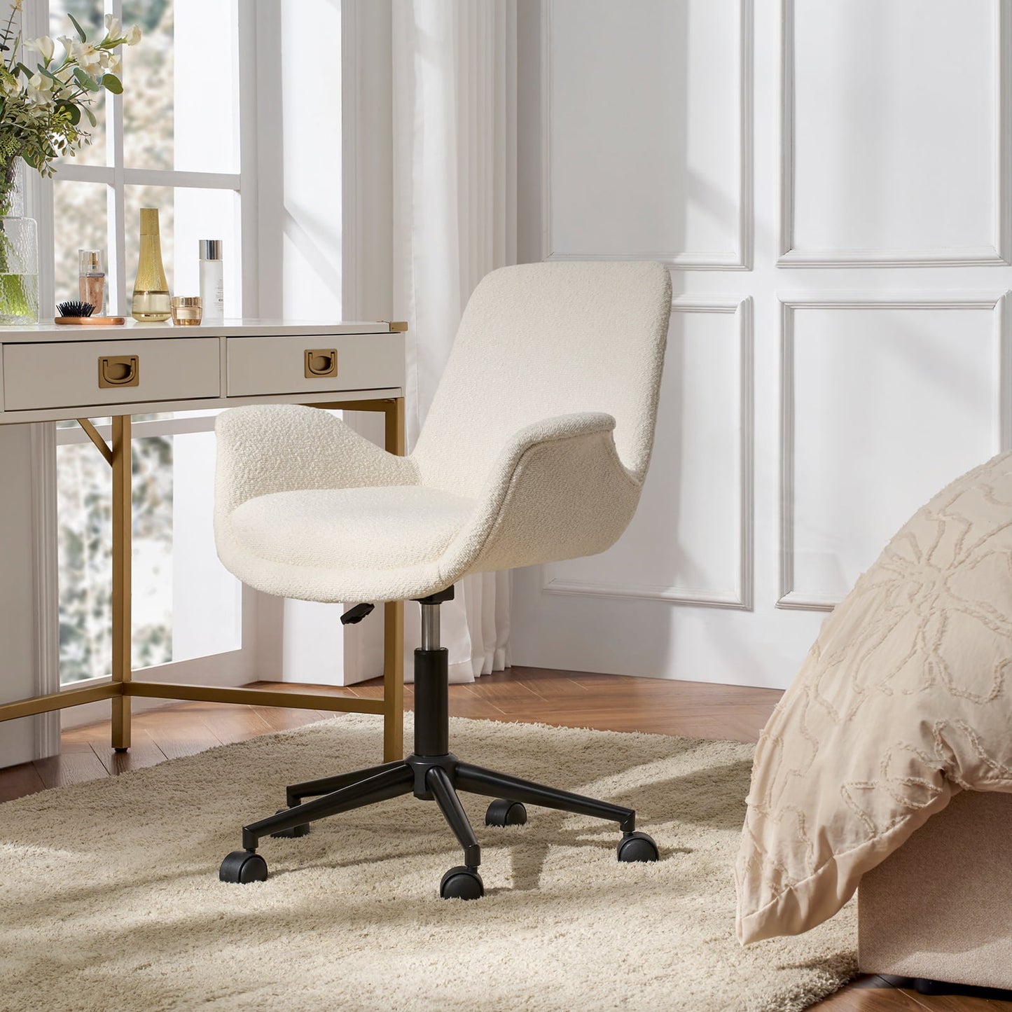 Boucle Home Office Chair Swivel Rolling Computer Task Armrest Vanity Chair Adjustable Height Bedroom Living Room, Grey