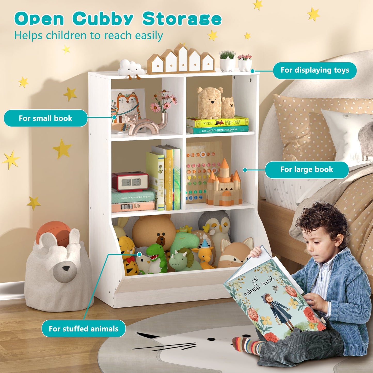 Kid's Cubby Toy Storage Cabinet, Wood Toy Organizer of 5 Bins, Children's White Bookcase, Kids Bookshelf for Bedroom Living Room