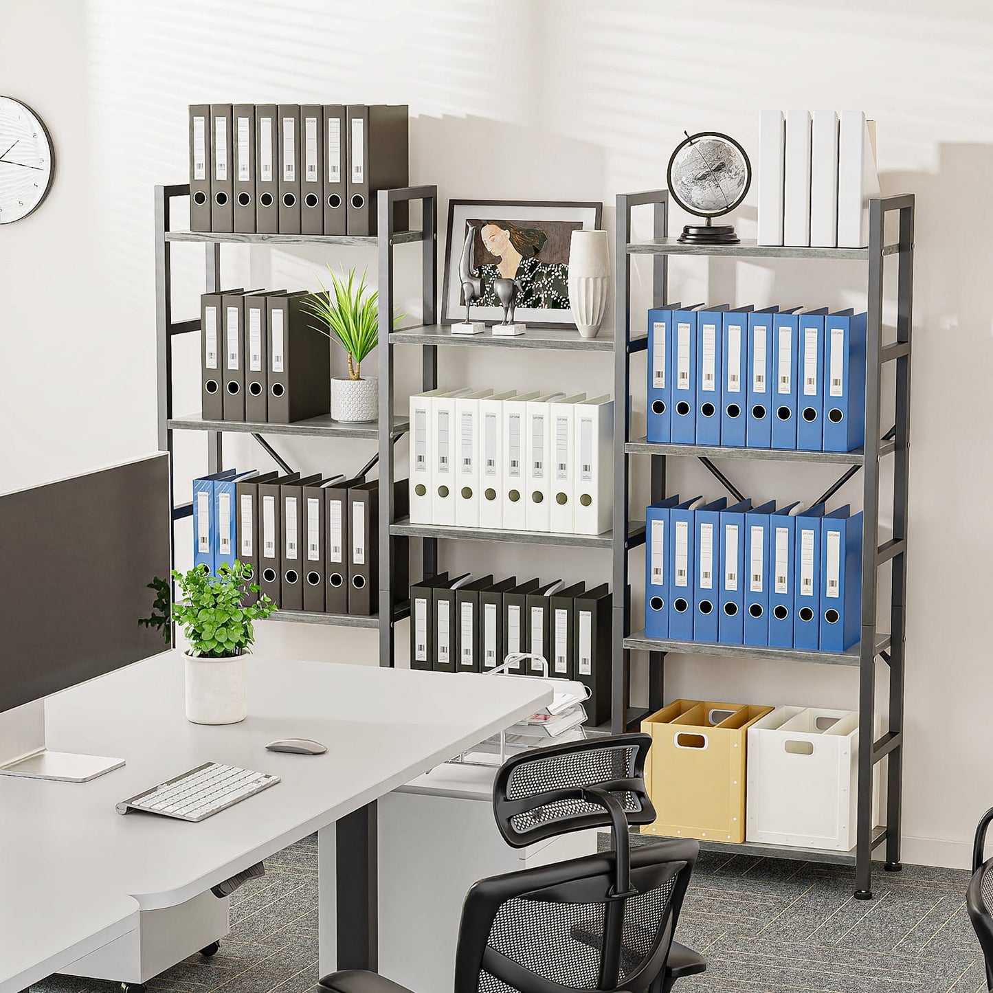 4 Tiers Industrial Bookcase and Bookshelf, Metal Wood 11 Display Shelves, Large Book Shelf for Living Room, Storage Shelf Organizer, Book Case in Gray