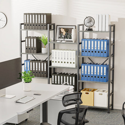 4 Tiers Industrial Bookcase and Bookshelf, Metal Wood 11 Display Shelves, Large Book Shelf for Living Room, Storage Shelf Organizer, Book Case in Gray