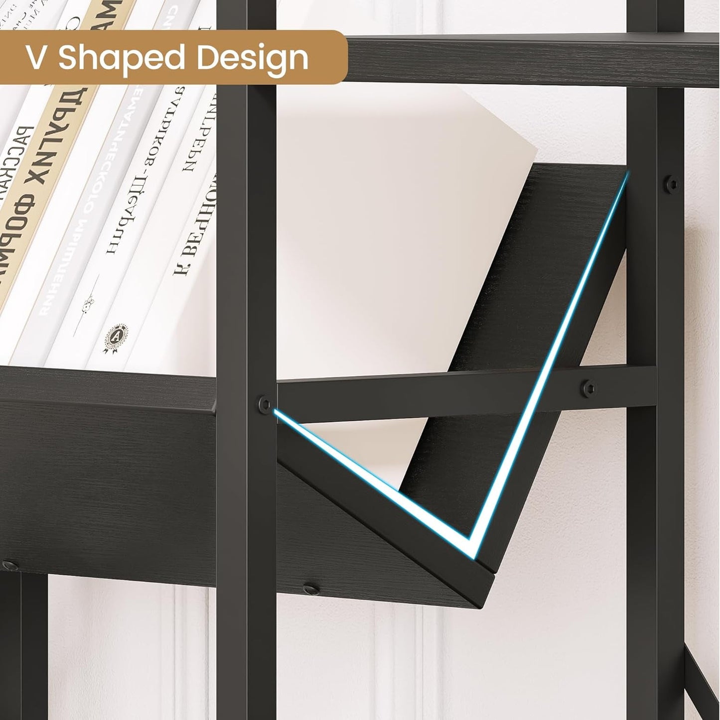 NEILA Triple Wide 4-Tier Bookshelf Bookcase with Open Display Rack V-Shaped Storage Shelf, Large Book Shelves with Metal Frame & Wood Top for Living Room, Bedroom, Home Office, Rustic Black