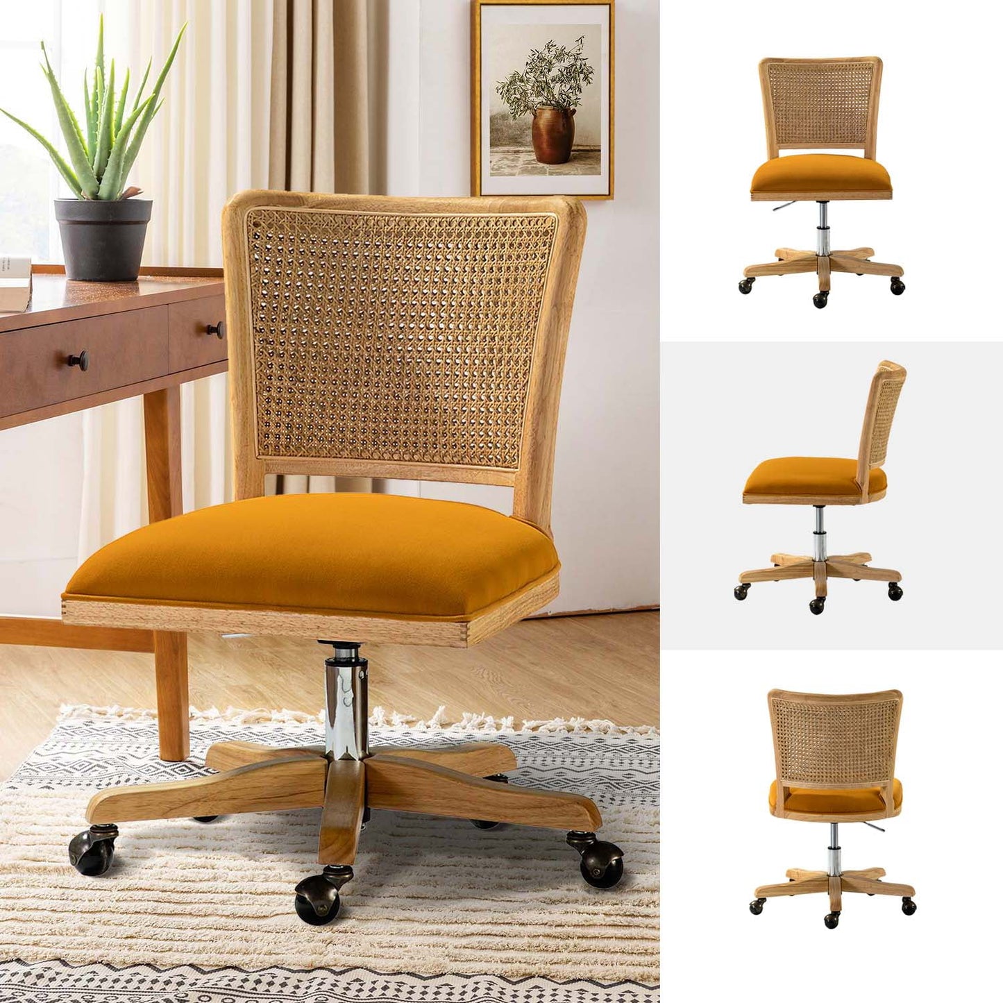 Contemporary Swivel Task Chair, Cute Rattan Back Office and Computer Chair for Adult, Yellow