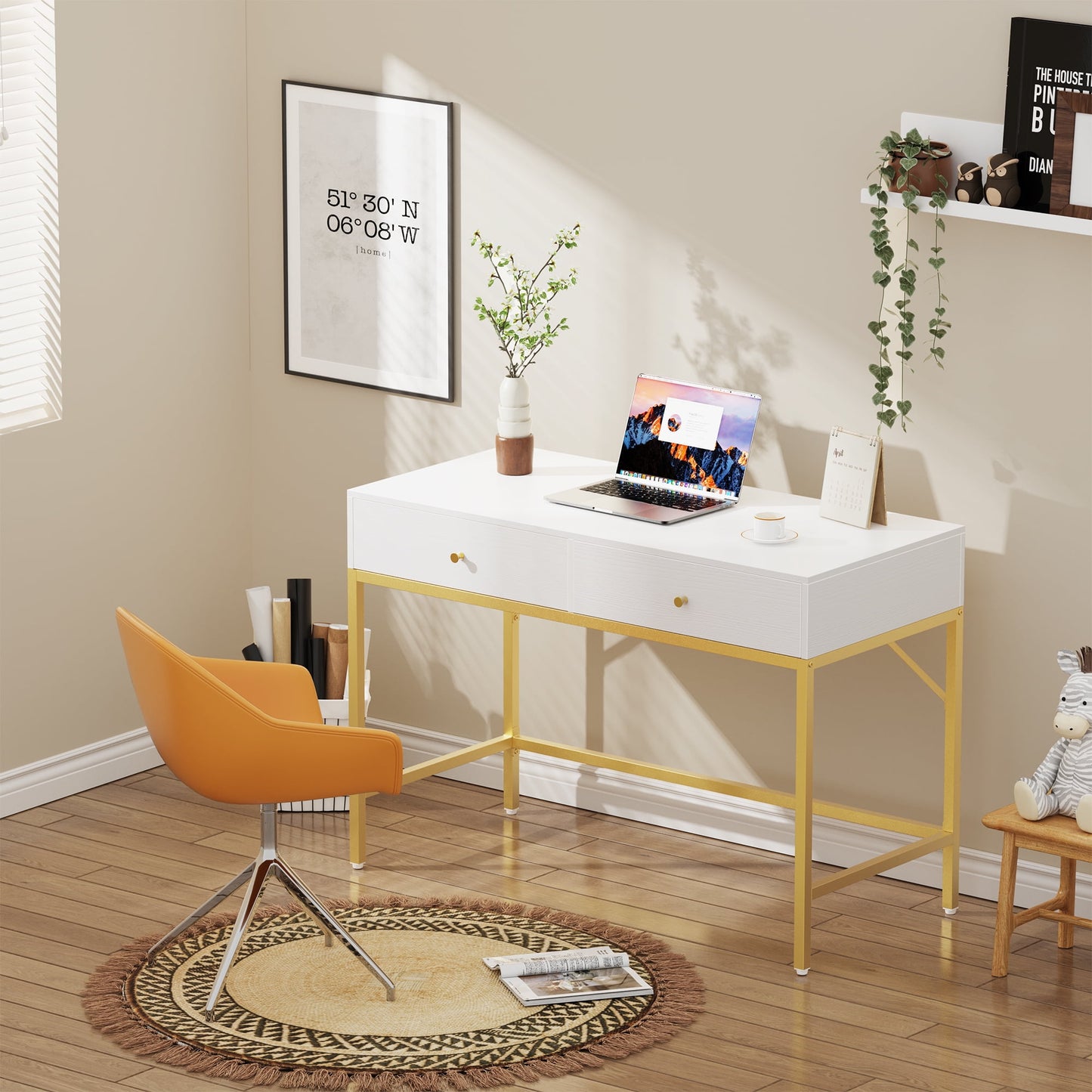 47.2in White and Gold Desk with Drawers, Makeup Vanity Desk, Modern Vanity Table, Computer Desk, Makeup Dressing Table, for Bedroom and Living Room