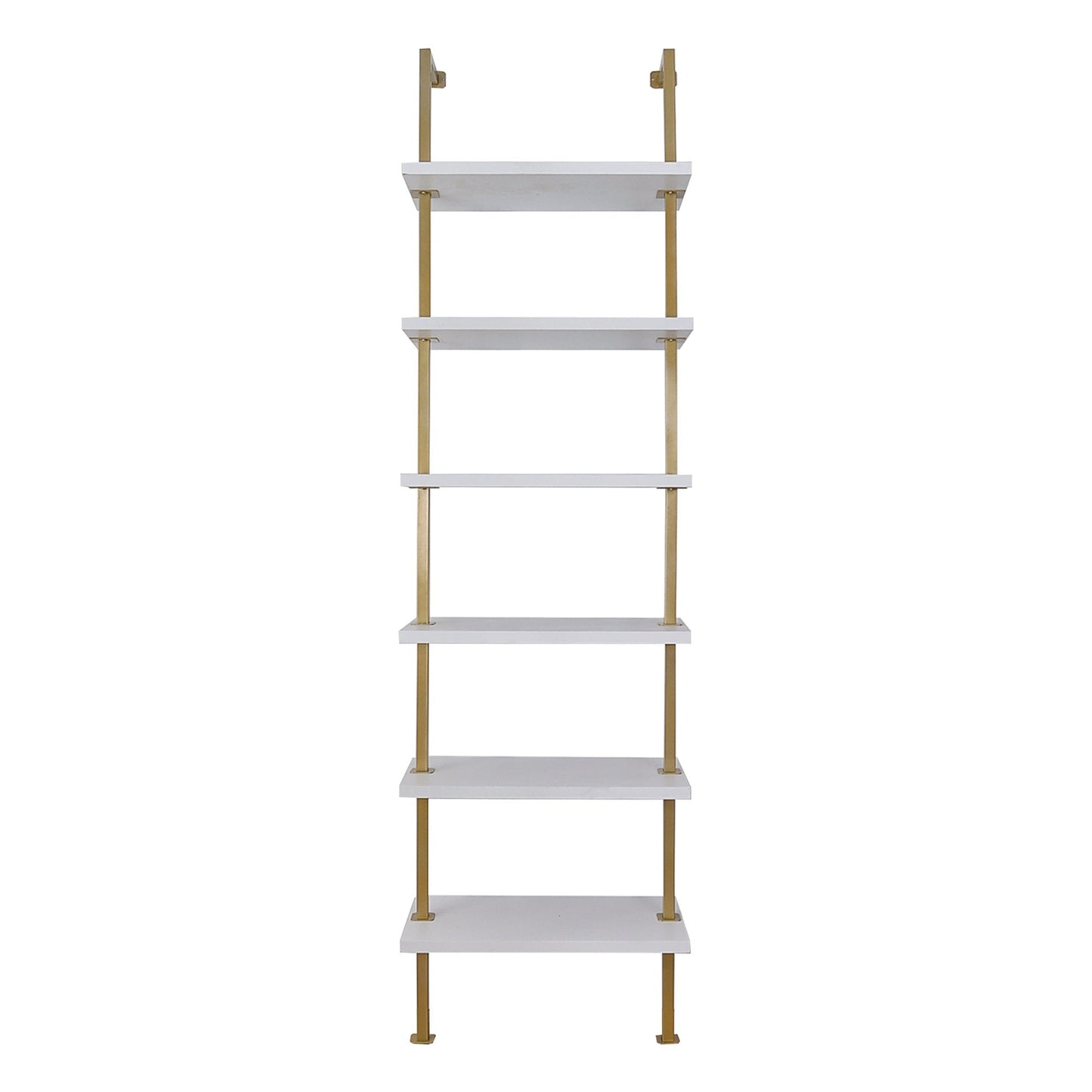 Nathan James Theo 6-Shelf Tall Bookcase Wall Mount Bookshelf White Wood with Gold Brass Metal Frame White/Gold