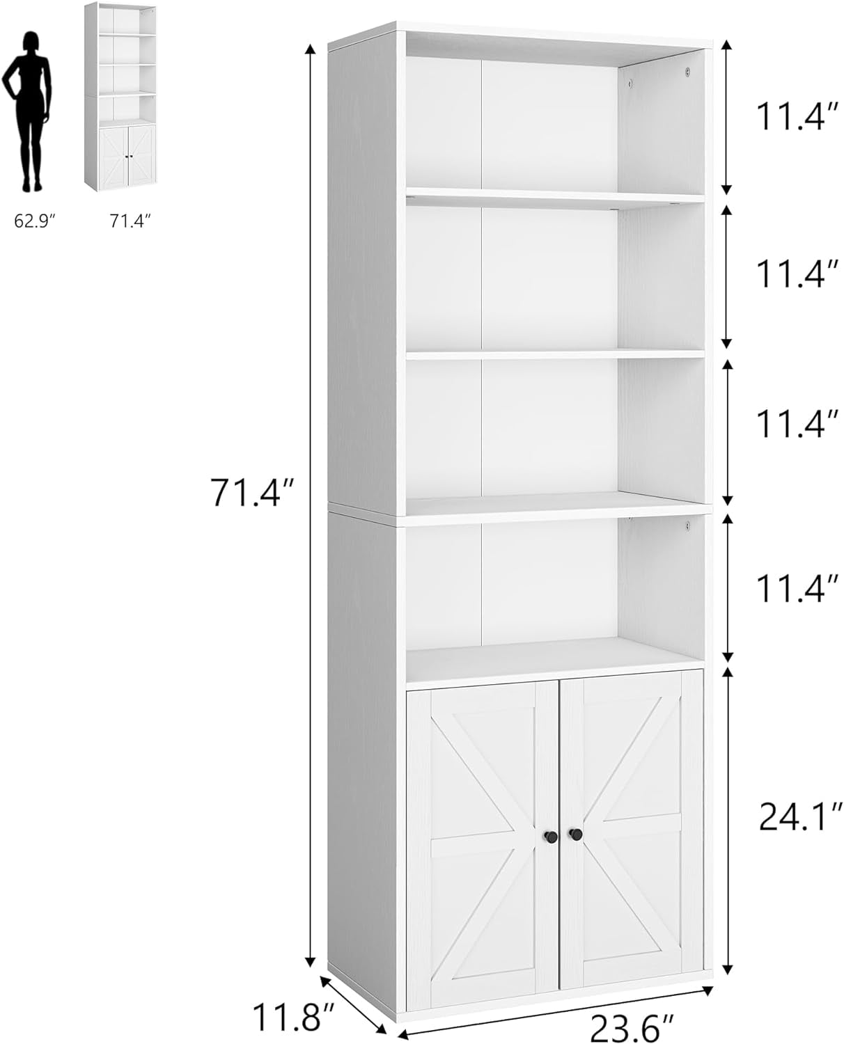 NEILA Bookcase with Doors Industrial Bookshelf 11.8 in Depth Display Storage Shelves 71.4 in Tall Farmhouse Bookcases Wooden 6 Shelf Bookshelves for Bedroom, Living Room, Home Office, Brown