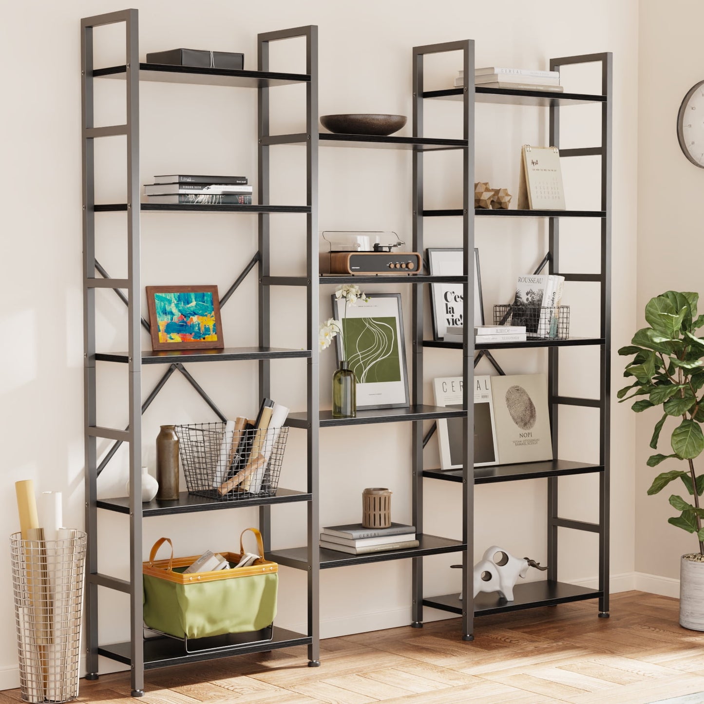 5 Tiers Industrial Bookcase and Bookshelf, Metal Wood 11 Display Shelves, Large Book Shelf for Living Room, Storage Shelf Organizer, Book Case in Black