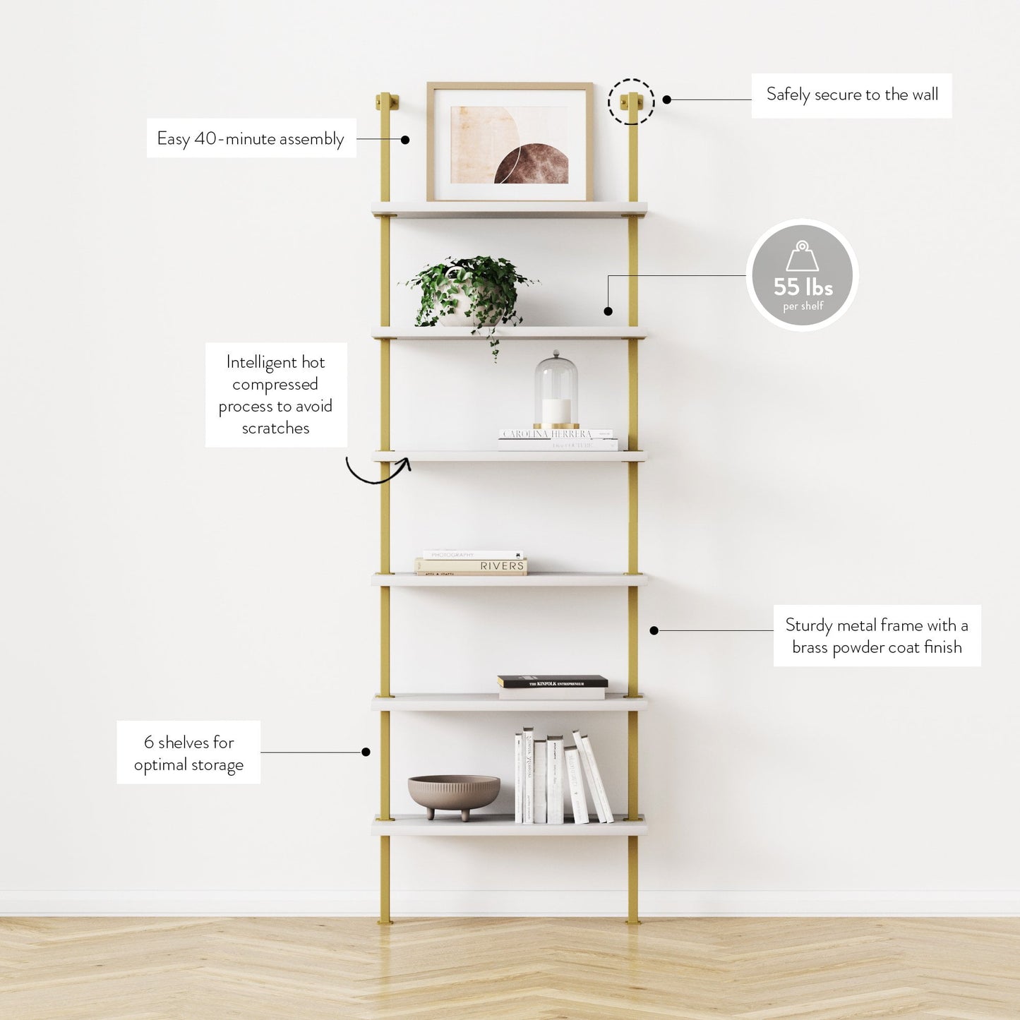 Nathan James Theo 6-Shelf Tall Bookcase Wall Mount Bookshelf White Wood with Gold Brass Metal Frame White/Gold