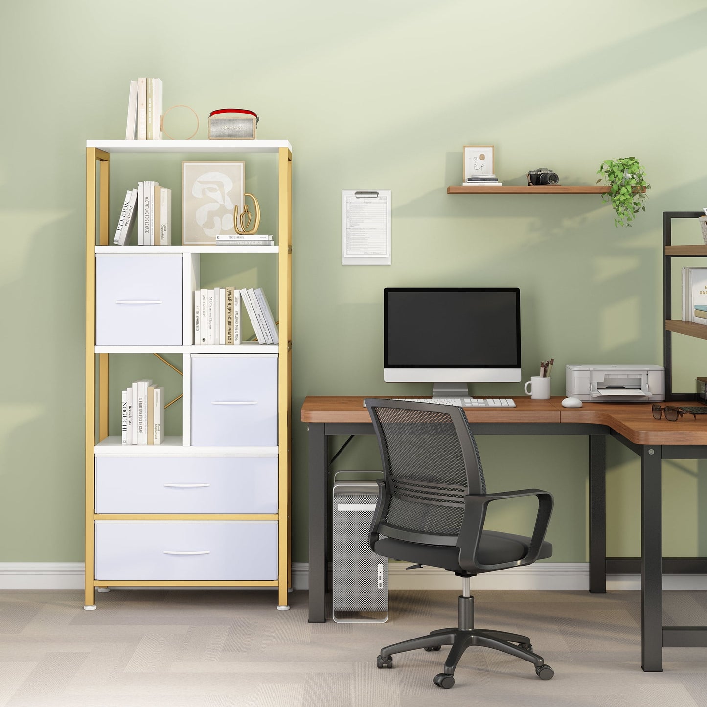 Zimtown 5-tier Iron Bookcase with 4 Drawers, Free Standing Bookshelf Storage Organizer Display shelf with Metal Frame, Gold