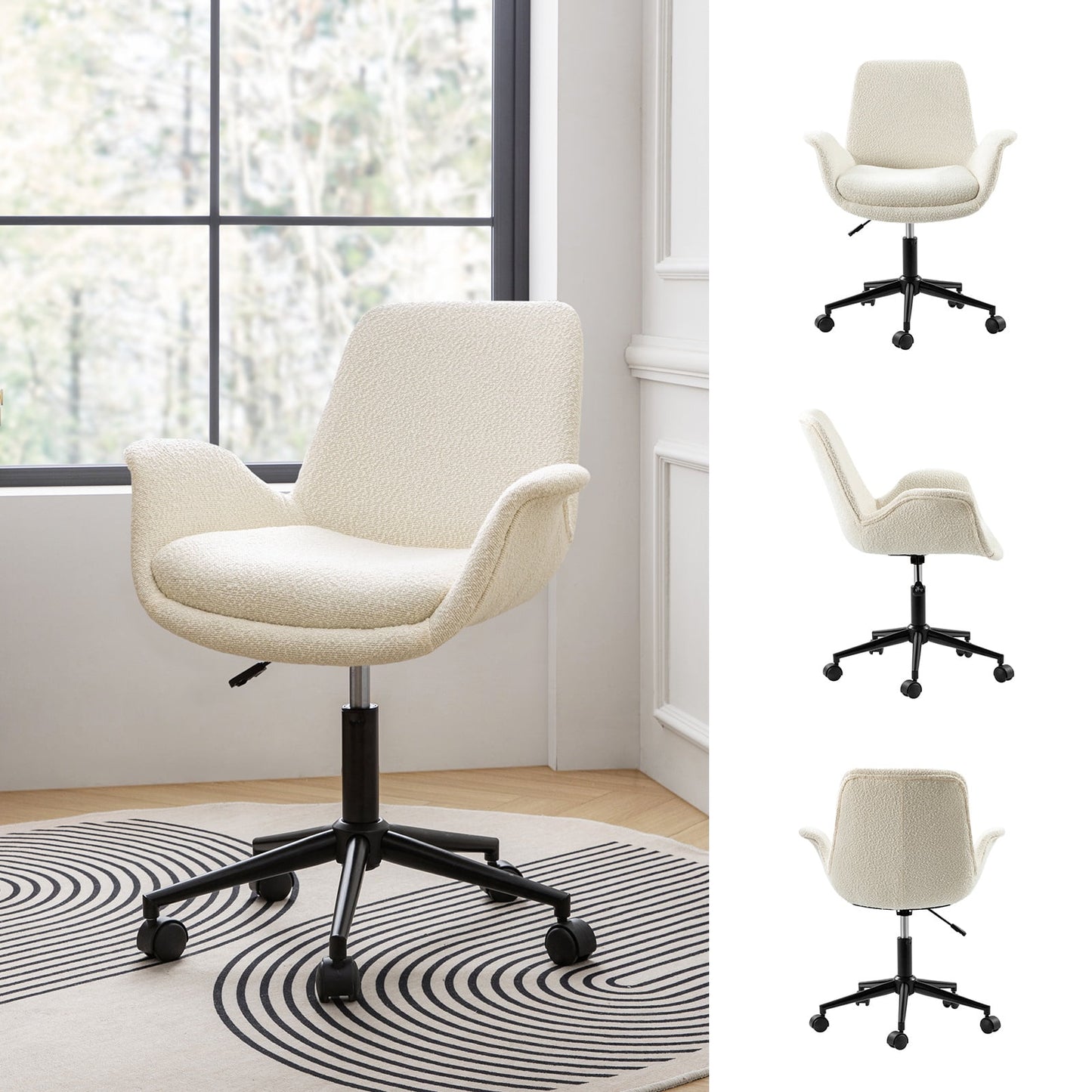 Boucle Home Office Chair Swivel Rolling Computer Task Armrest Vanity Chair Adjustable Height Bedroom Living Room, Grey