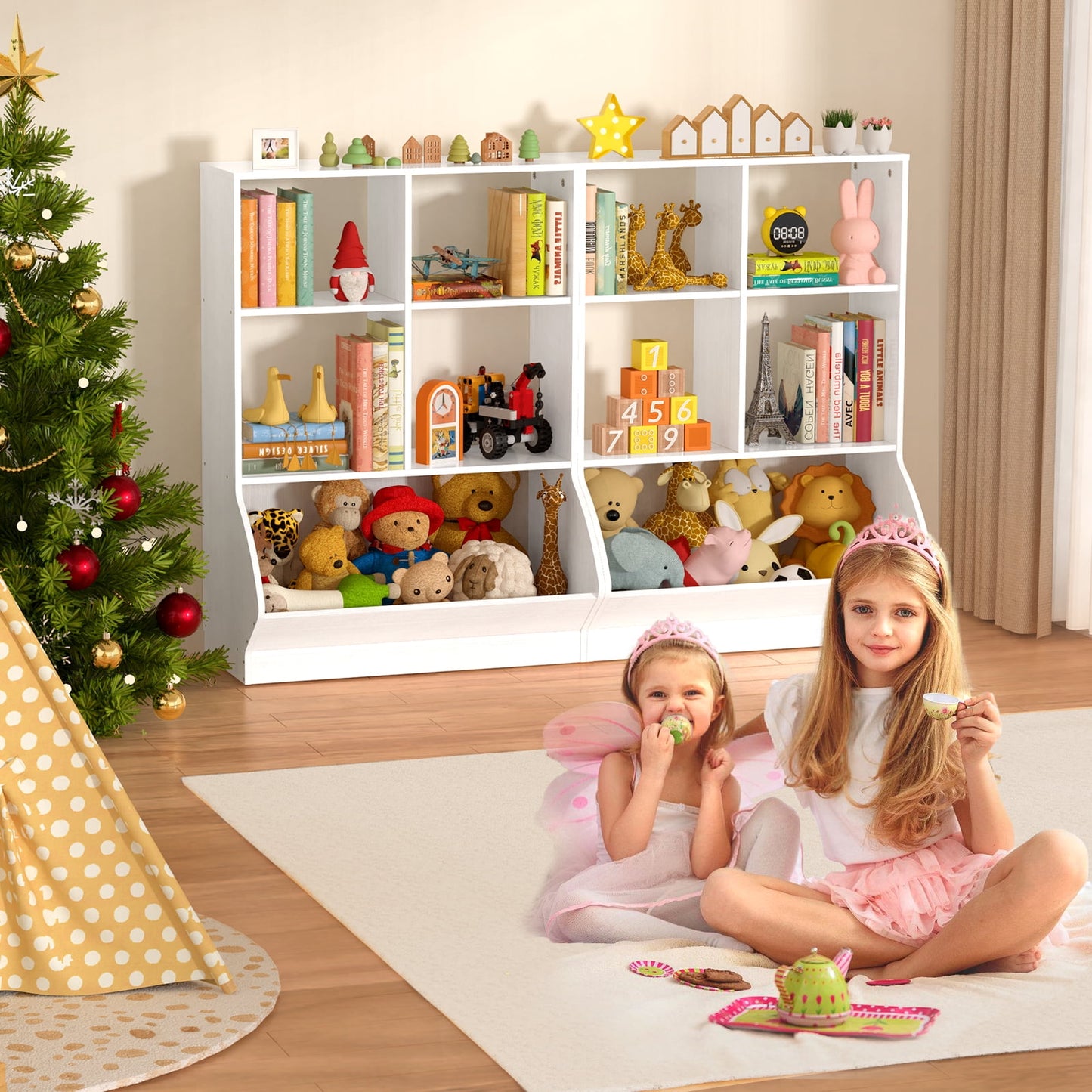 Kid's Cubby Toy Storage Cabinet, Wood Toy Organizer of 5 Bins, Children's White Bookcase, Kids Bookshelf for Bedroom Living Room