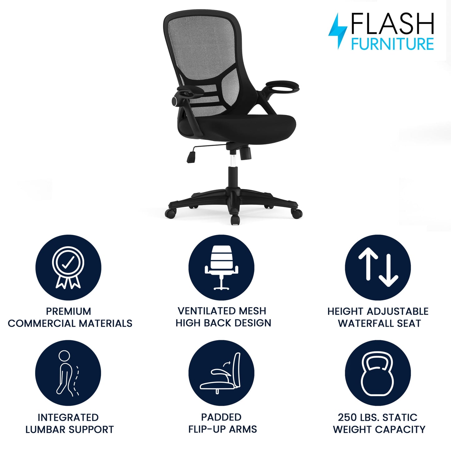Flash Furniture Porter Ergonomic Mesh High-Back Swivel Office Chair with Flip-Up Armrests, Black