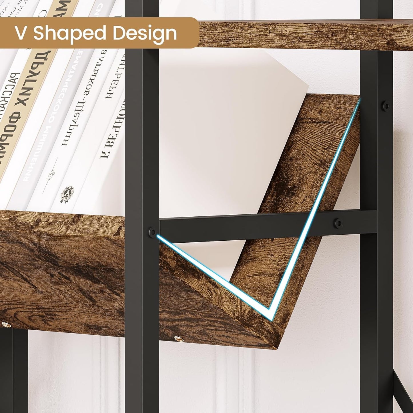 NEILA Triple Wide 4-Tier Bookshelf Bookcase with Open Display Rack V-Shaped Storage Shelf, Large Book Shelves with Metal Frame & Wood Top for Living Room, Bedroom, Home Office, Rustic Black