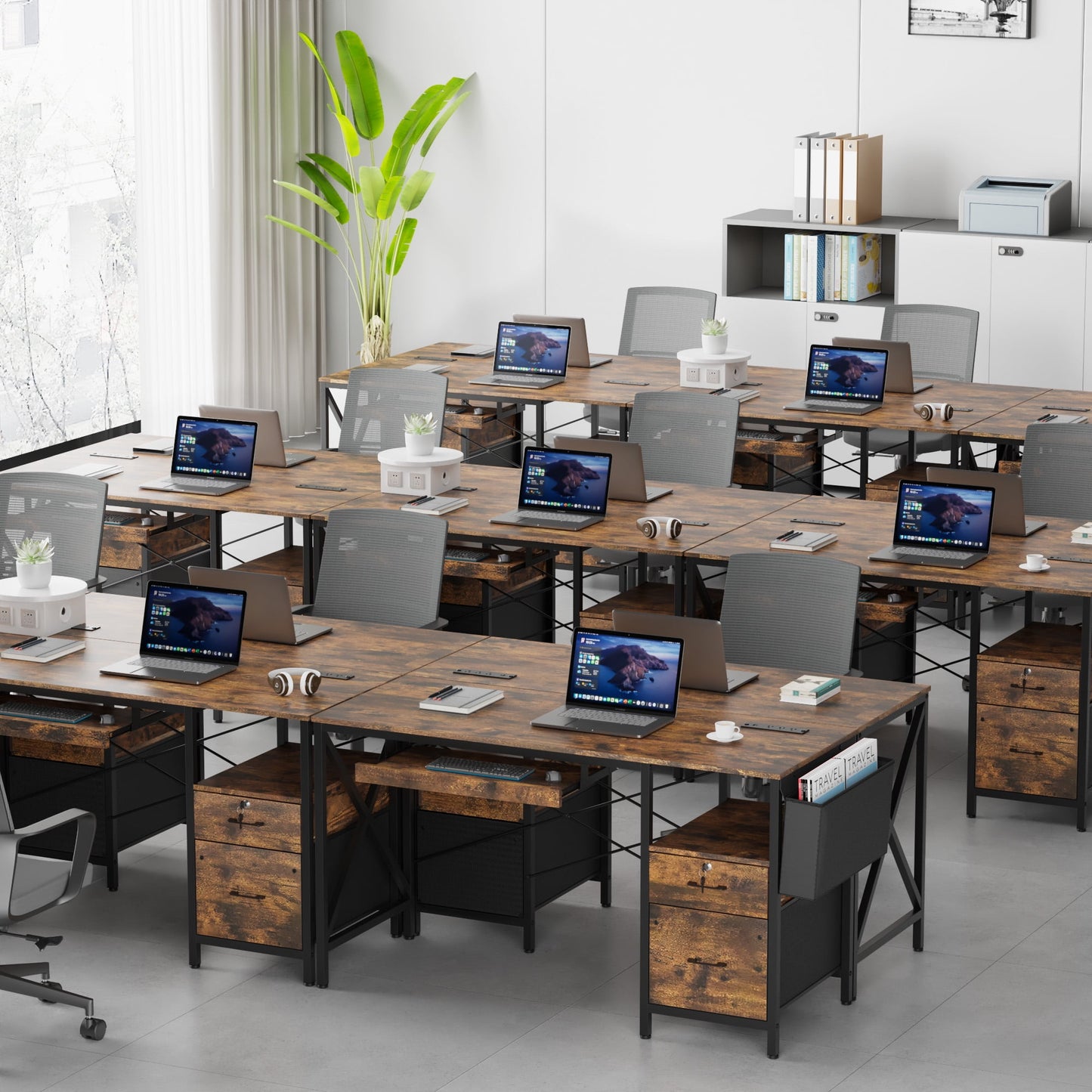 Eunon 55 inch Computer Desk with Lockable Drawers & Power Outlet & Keyboard Tray Home Office Desk, Grey