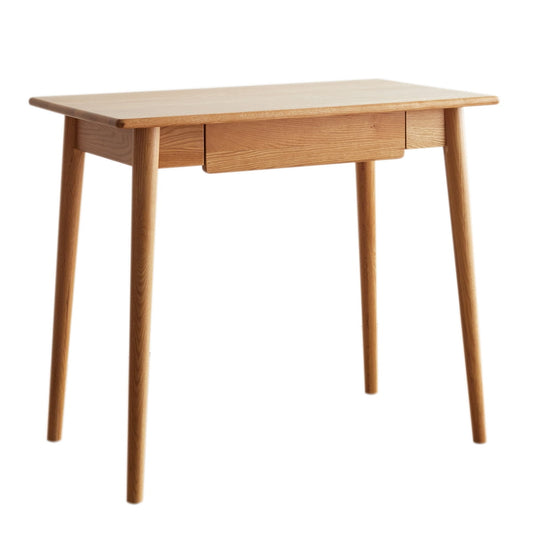 Natural Wood Computer Desk, Study Desk Oak Natural Wood PC Desk with Gentle Cable Hole & Arc Design, Slim Solid Wood Work Desk Dressing Table with Drawer, 31.50in L*19.69in W*29.92in H, Oak