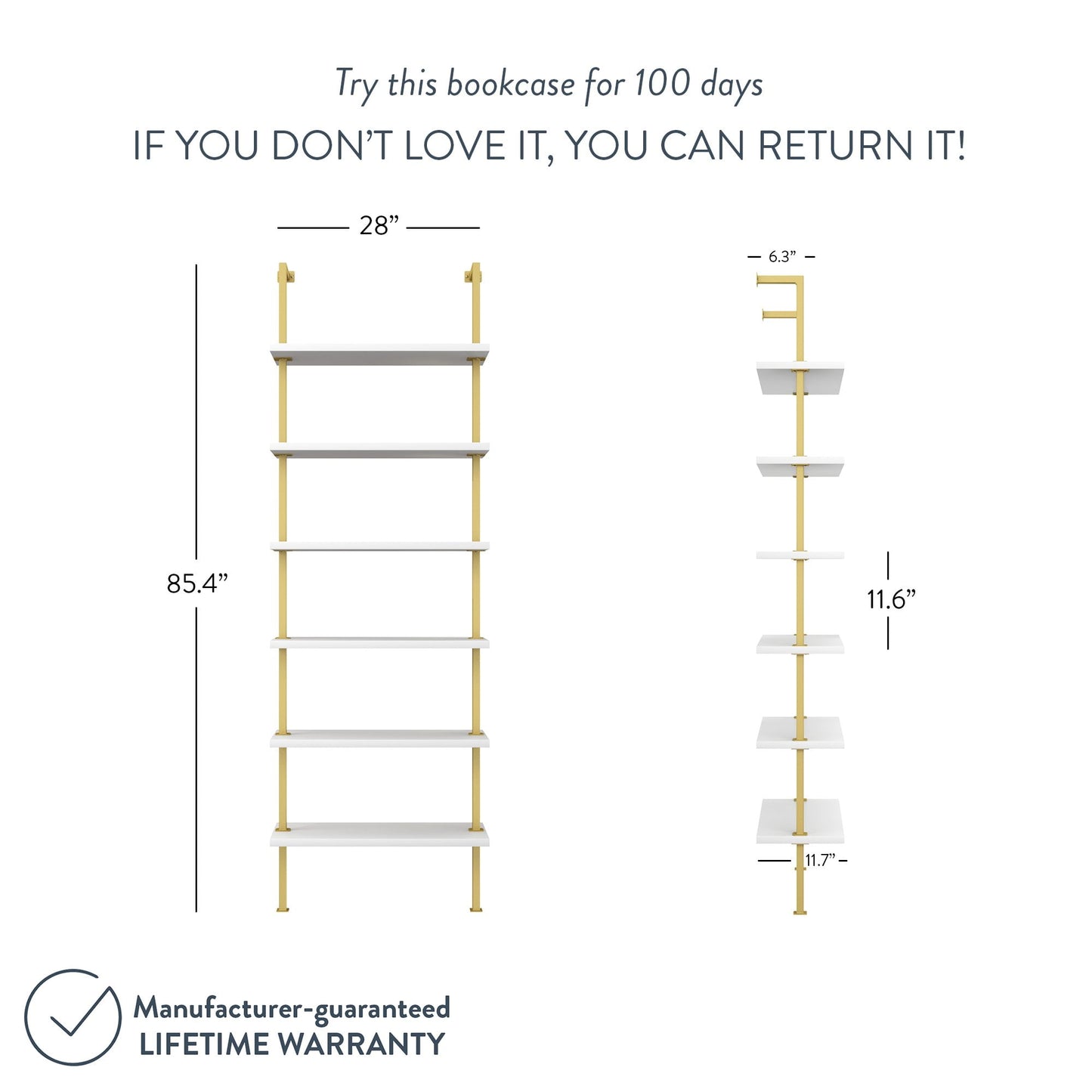 Nathan James Theo 6-Shelf Tall Bookcase Wall Mount Bookshelf White Wood with Gold Brass Metal Frame White/Gold
