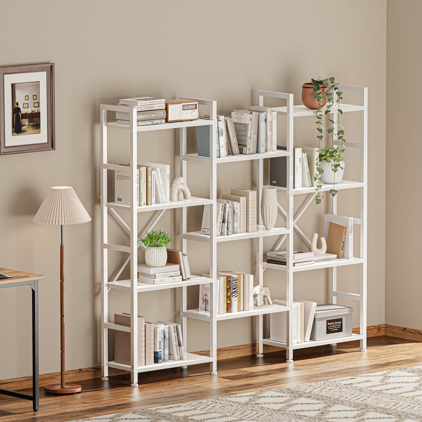 Extra Savings! 4 Tiers Industrial Bookcase and Bookshelf, Metal Wood 11 Display Shelves, Large Book Shelf for Living Room, Storage Shelf Organizer, Book Case in White - Walmart.com