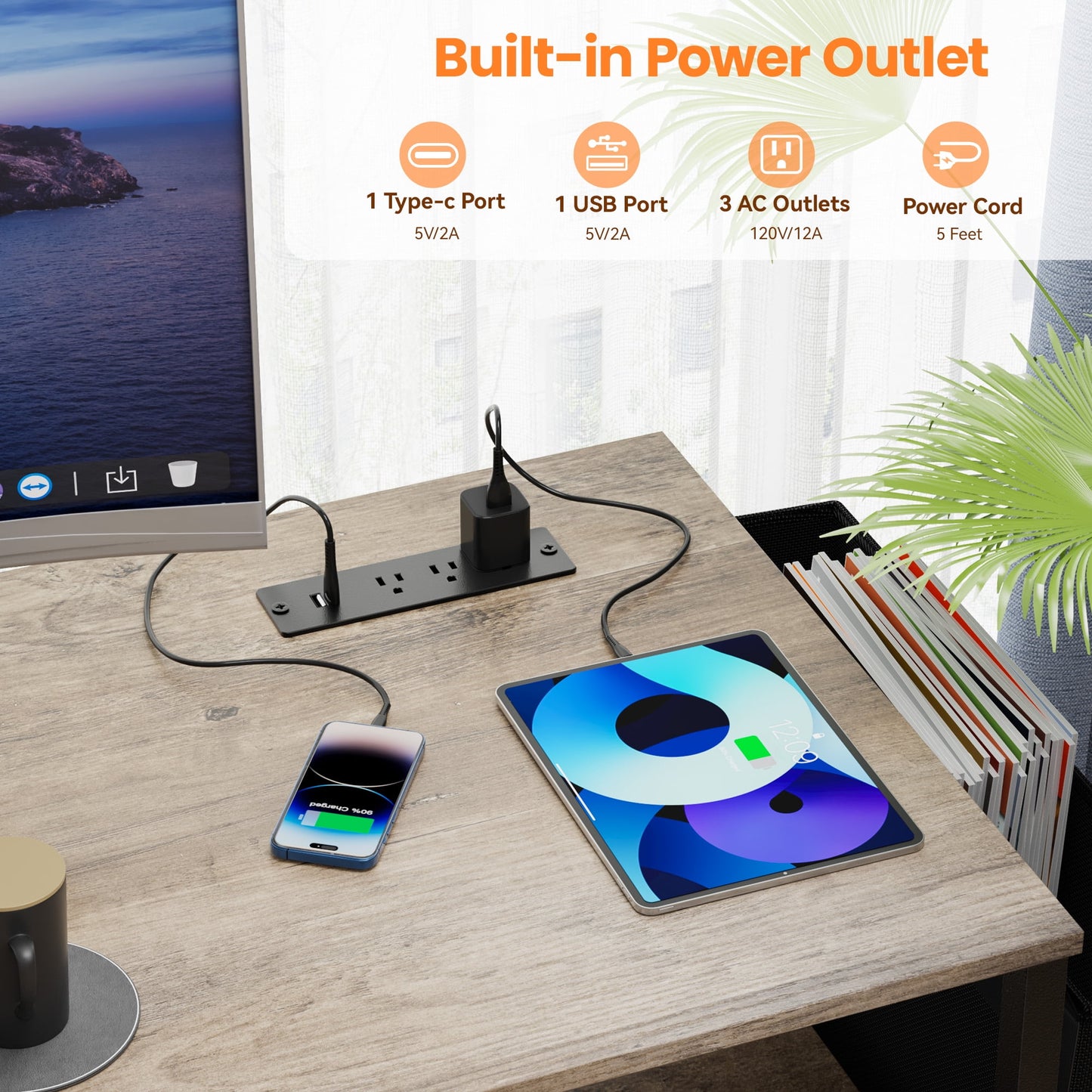 Eunon 55 inch Computer Desk with Lockable Drawers & Power Outlet & Keyboard Tray Home Office Desk, Grey