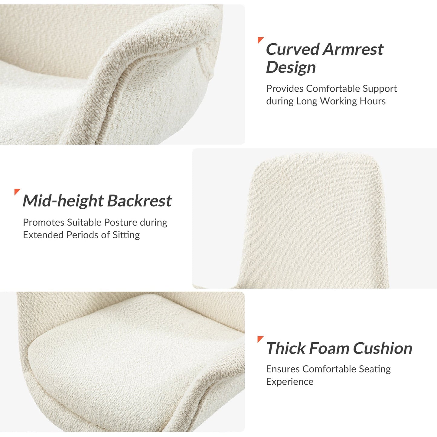 Boucle Home Office Chair Swivel Rolling Computer Task Armrest Vanity Chair Adjustable Height Bedroom Living Room, Grey