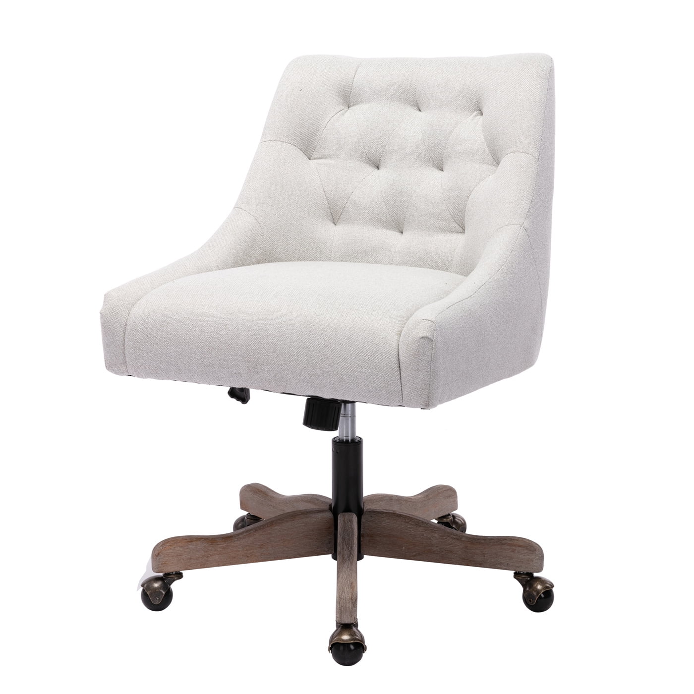 Modern Tufted Linen Swivel Office Chair, Wood Base & Rolling Wheels, Adjustable, Beige