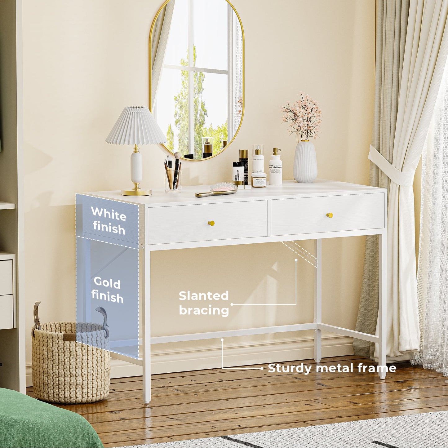 47.2in White Desk with Drawers, Makeup Vanity Desk, Modern Vanity Table, Computer Desk, Makeup Dressing Table, for Bedroom and Living Room