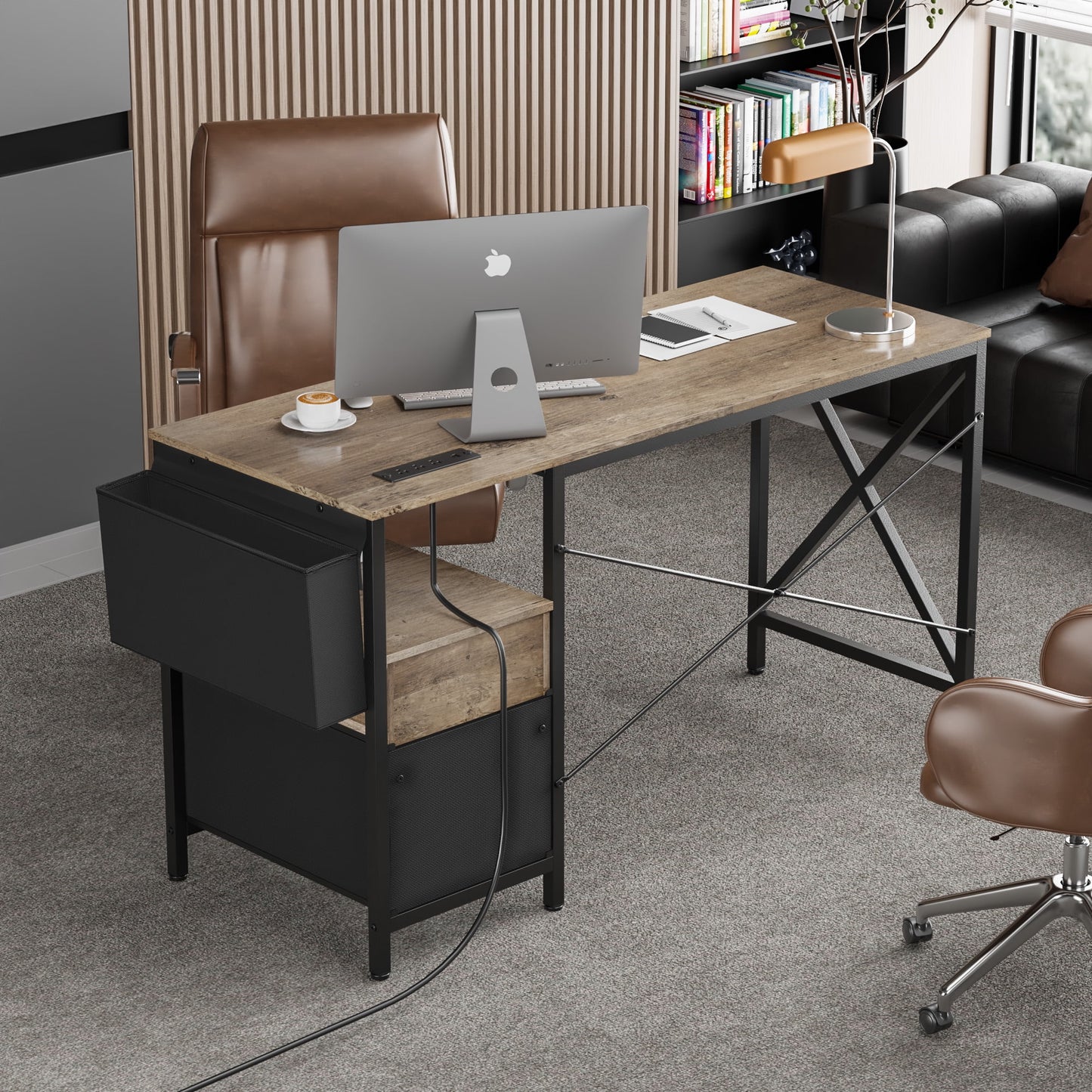 Eunon 55 inch Computer Desk with Lockable Drawers & Power Outlet & Keyboard Tray Home Office Desk, Grey