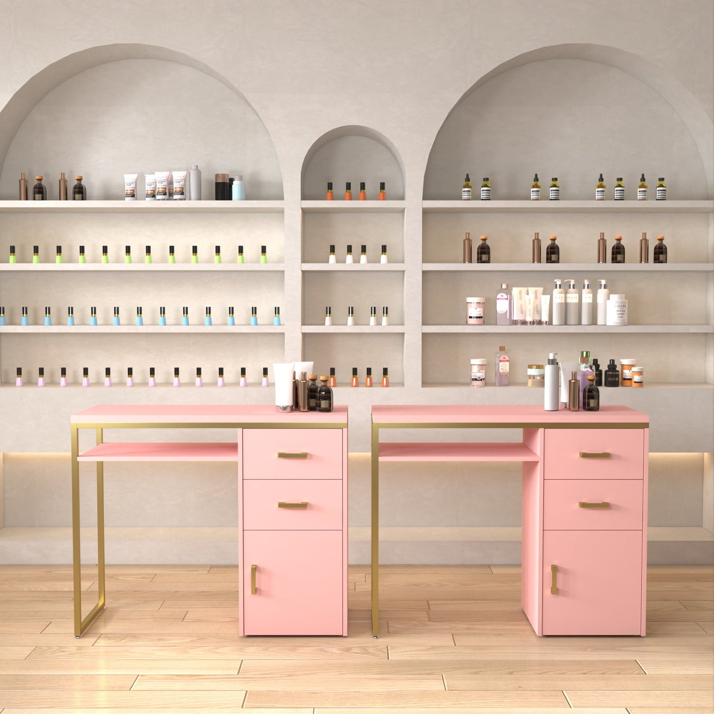 Zimtown 30.7inH Sturdy Manicure Desk Makeup Nail Computer Table with Chipboard Top Iron Frame, Pink