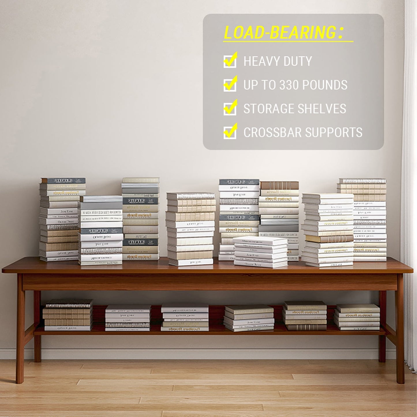 NELYE Extra Long Desk with Bookshelf - 63 Inches Home Office Work Study Extra Long Table, Wooden 2-Person Computer Workstation with Storage Shelf in Oak, 63inWx24inDx30inH