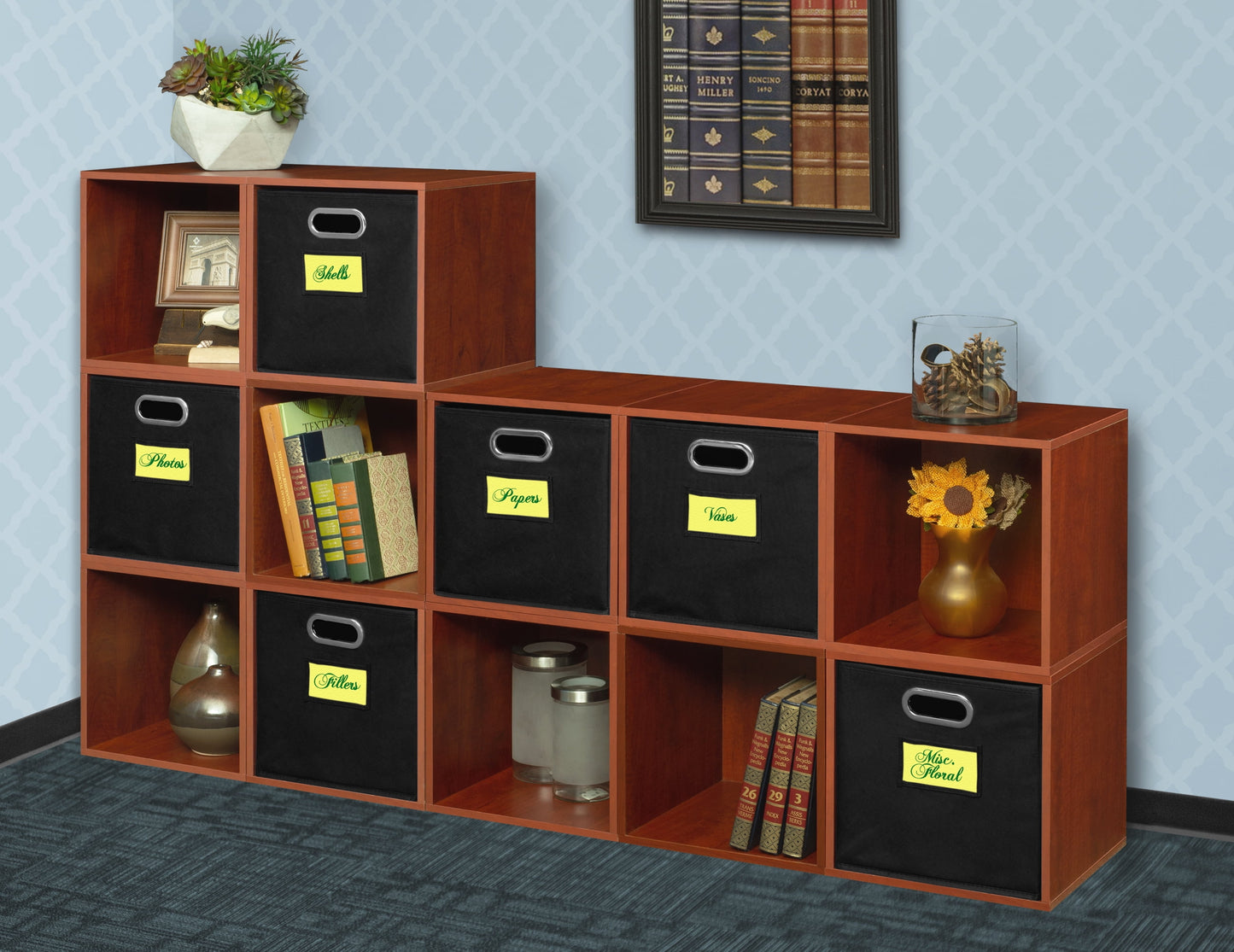 Niche Cubo Storage Organizer Open Bookshelf Set- 12 Cubes 6 Canvas Bins- Cherry/Black