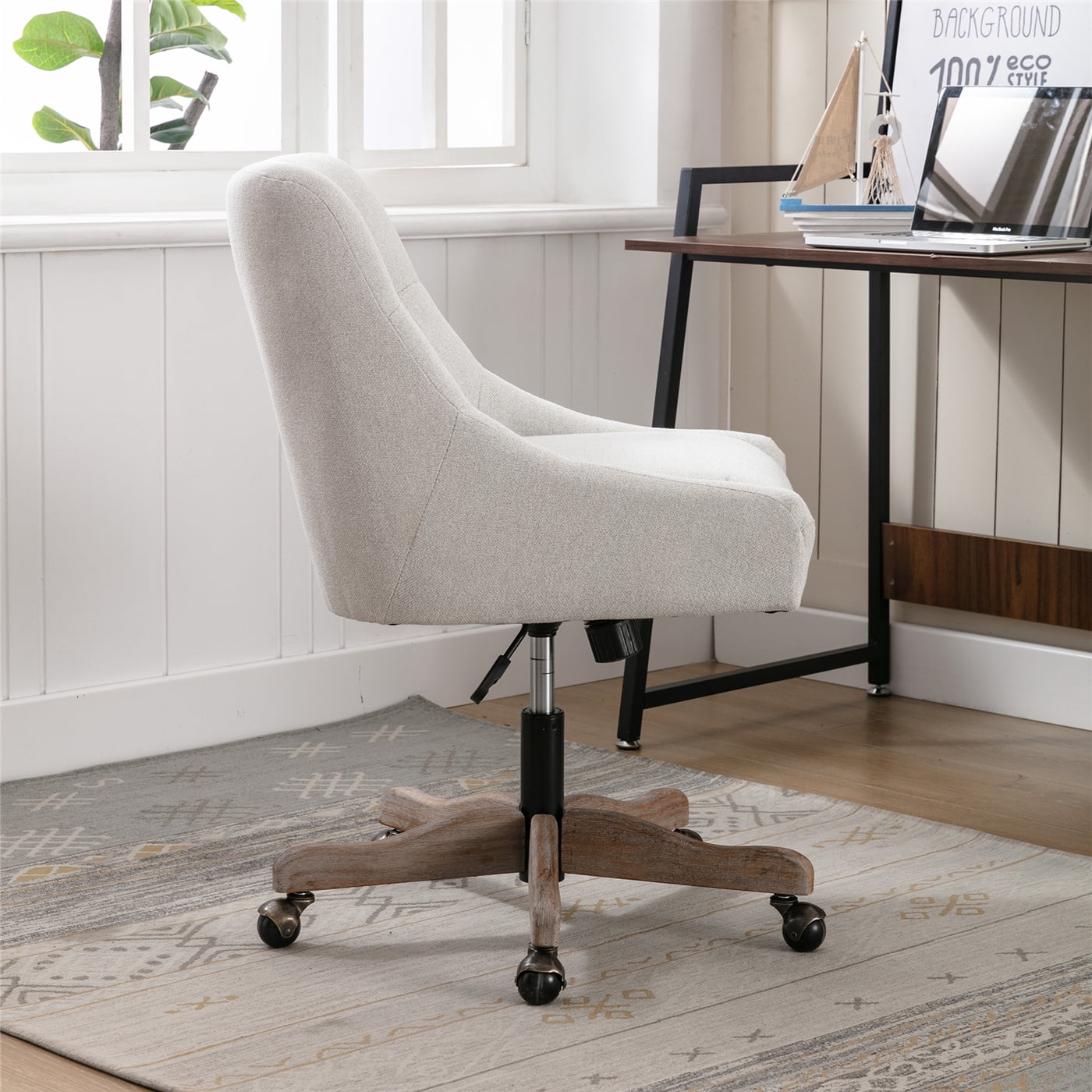 Modern Tufted Linen Swivel Office Chair, Wood Base & Rolling Wheels, Adjustable, Beige