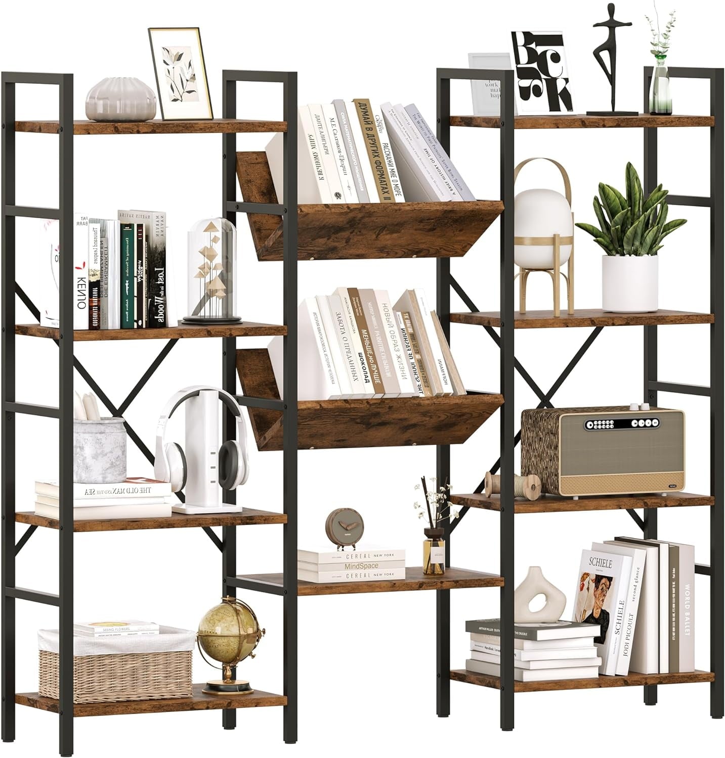 NEILA Triple Wide 4-Tier Bookshelf Bookcase with Open Display Rack V-Shaped Storage Shelf, Large Book Shelves with Metal Frame & Wood Top for Living Room, Bedroom, Home Office, Rustic Black