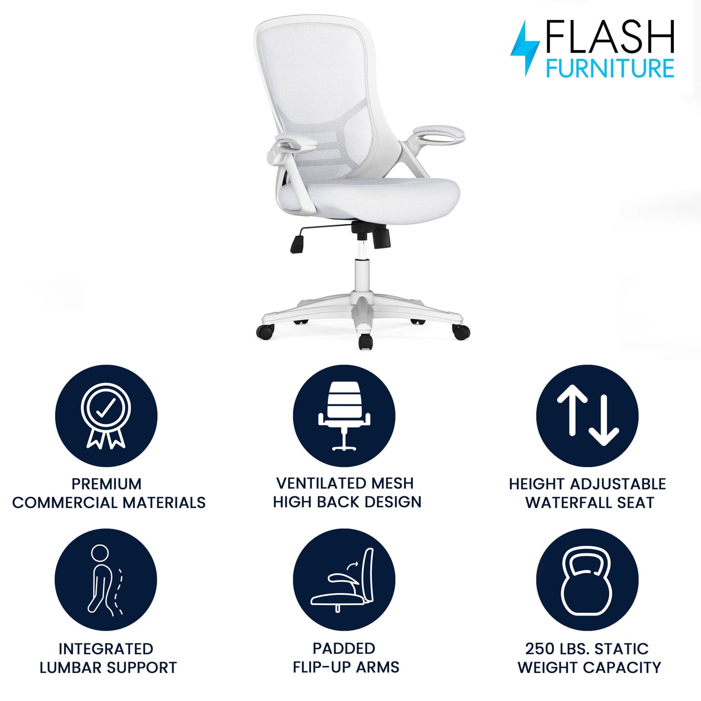Flash Furniture Porter Ergonomic Mesh High-Back Swivel Office Chair with Flip-Up Armrests, White