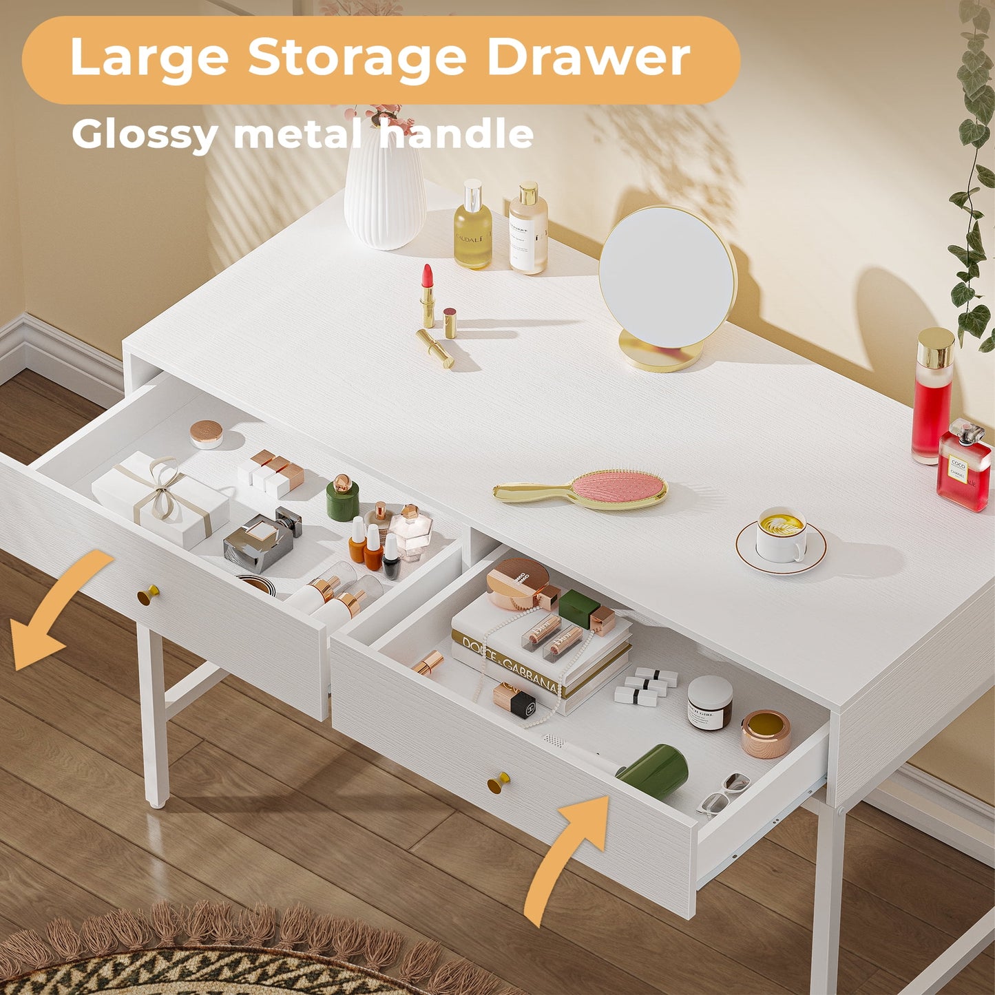 47.2in White Desk with Drawers, Makeup Vanity Desk, Modern Vanity Table, Computer Desk, Makeup Dressing Table, for Bedroom and Living Room