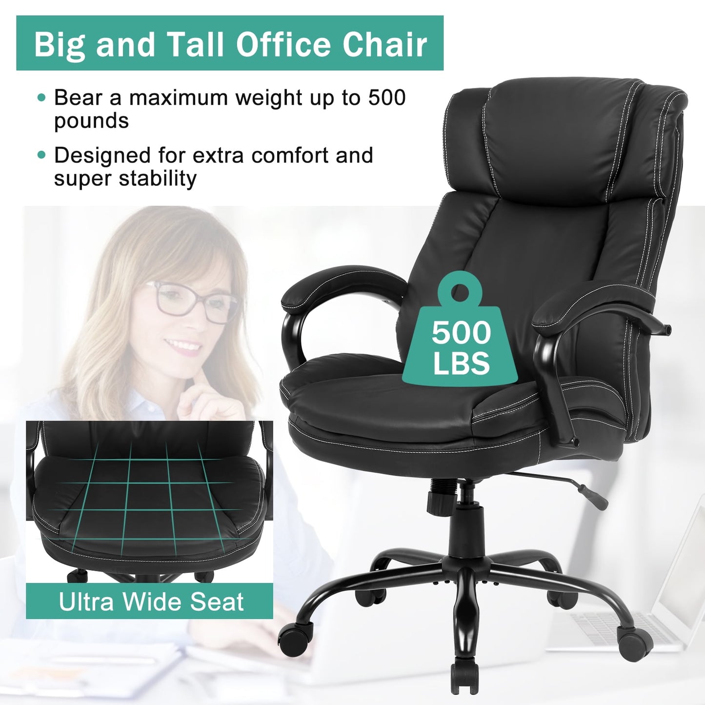 NiamVelo Big and Tall Executive Office Chair 500lbs, Ergonomic PU Leather Computer Desk Chair Adjustable High Back Rolling Chair with Lumbar Support for Adults, Black