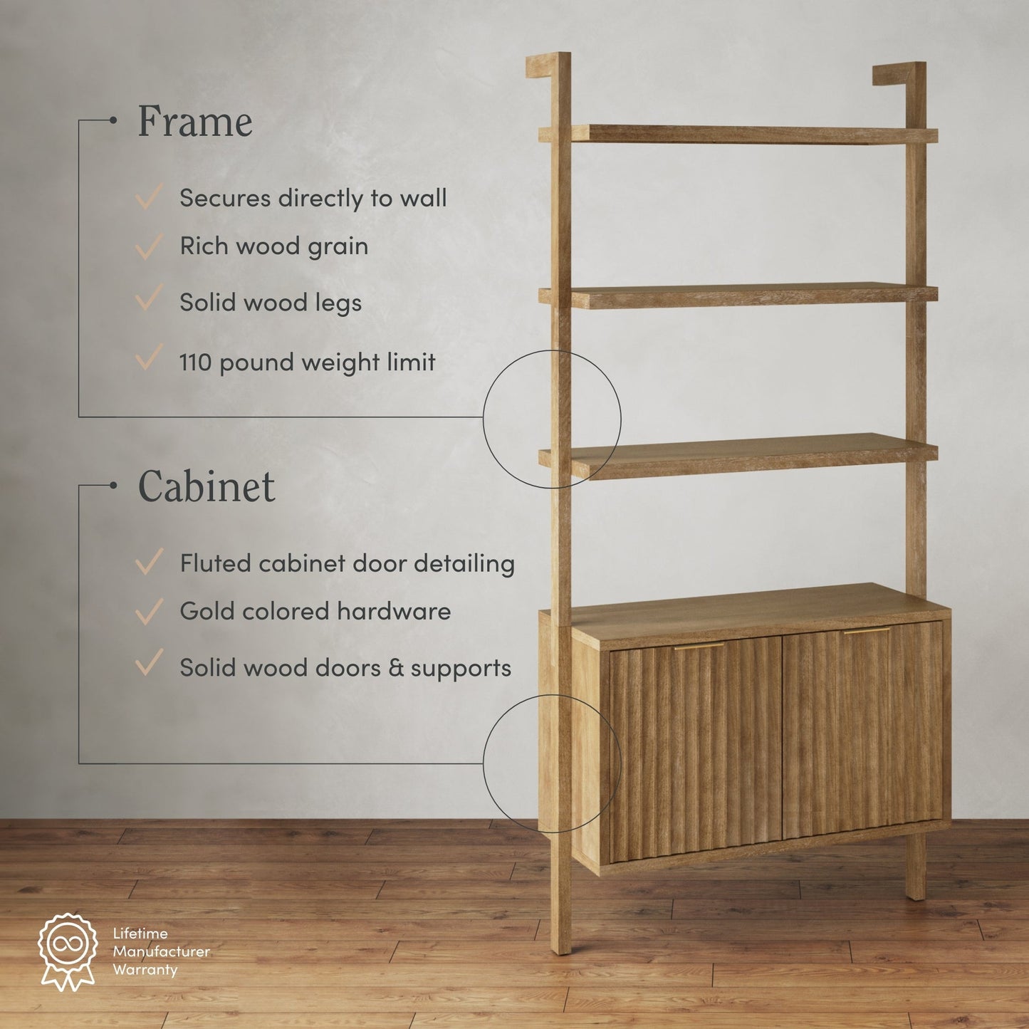 Nathan James Jasper 3-Shelf Solid Wood Boho Bookshelf, Wall Mounted Bookshelf with Cabinet with Fluted Doors, Light Brown