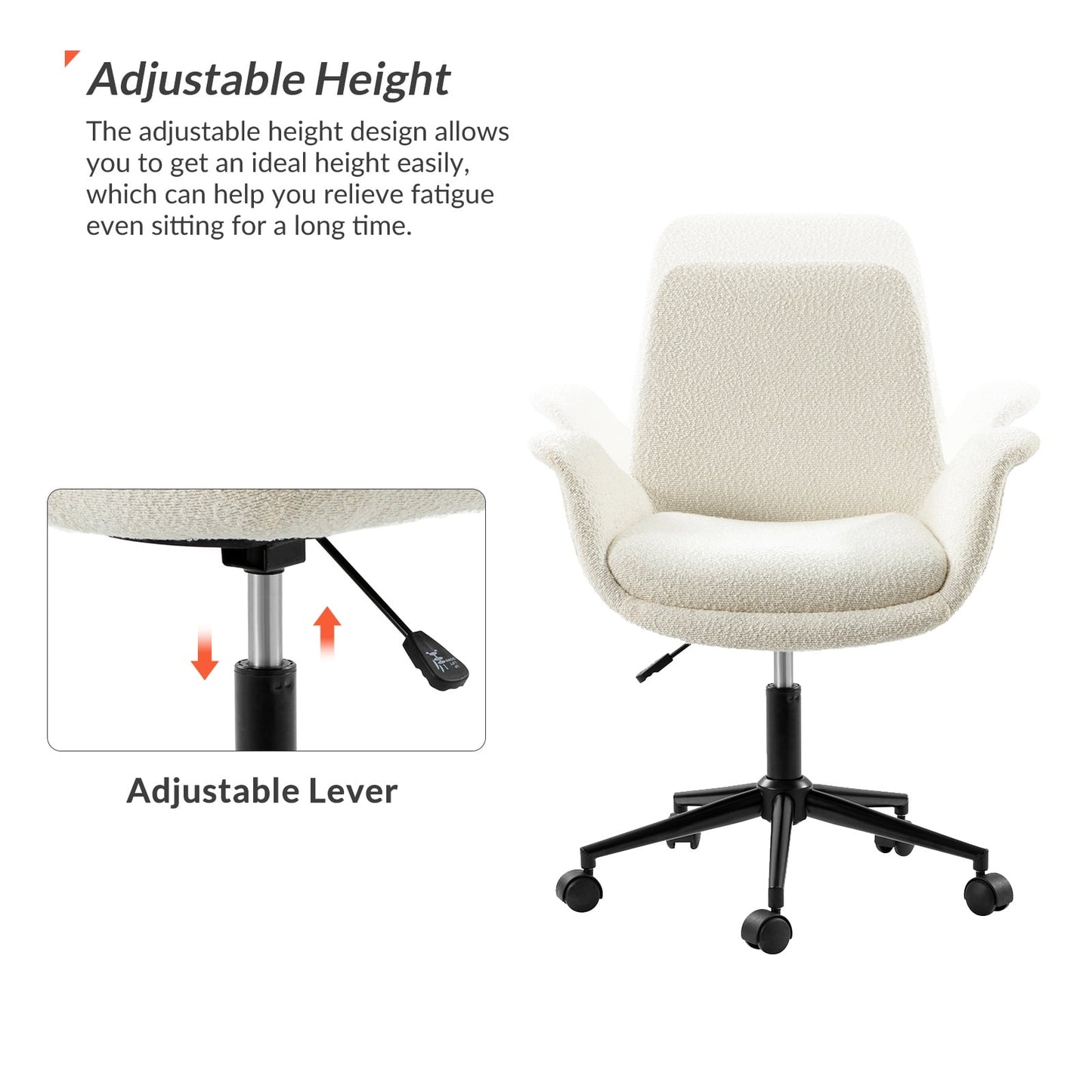 Boucle Home Office Chair Swivel Rolling Computer Task Armrest Vanity Chair Adjustable Height Bedroom Living Room, Grey