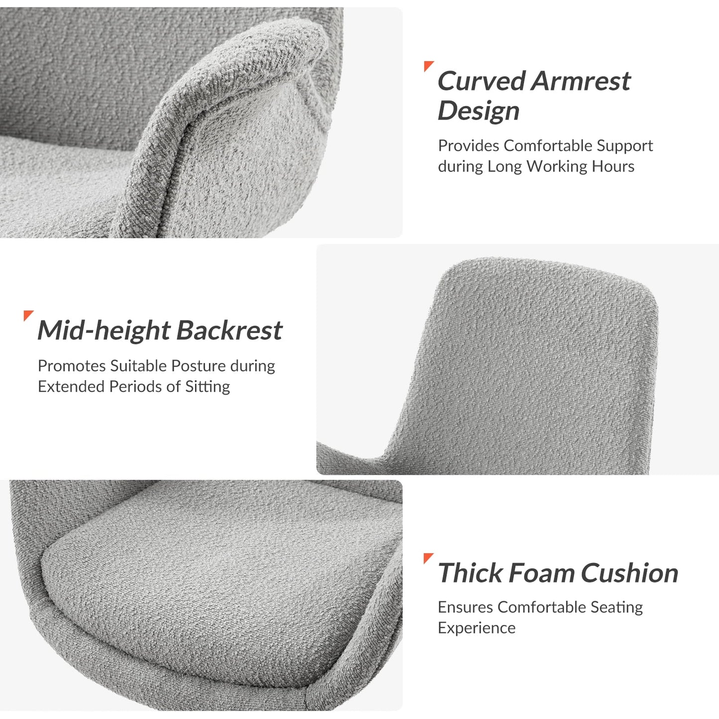 Boucle Home Office Chair Swivel Rolling Computer Task Armrest Vanity Chair Adjustable Height Bedroom Living Room, Grey