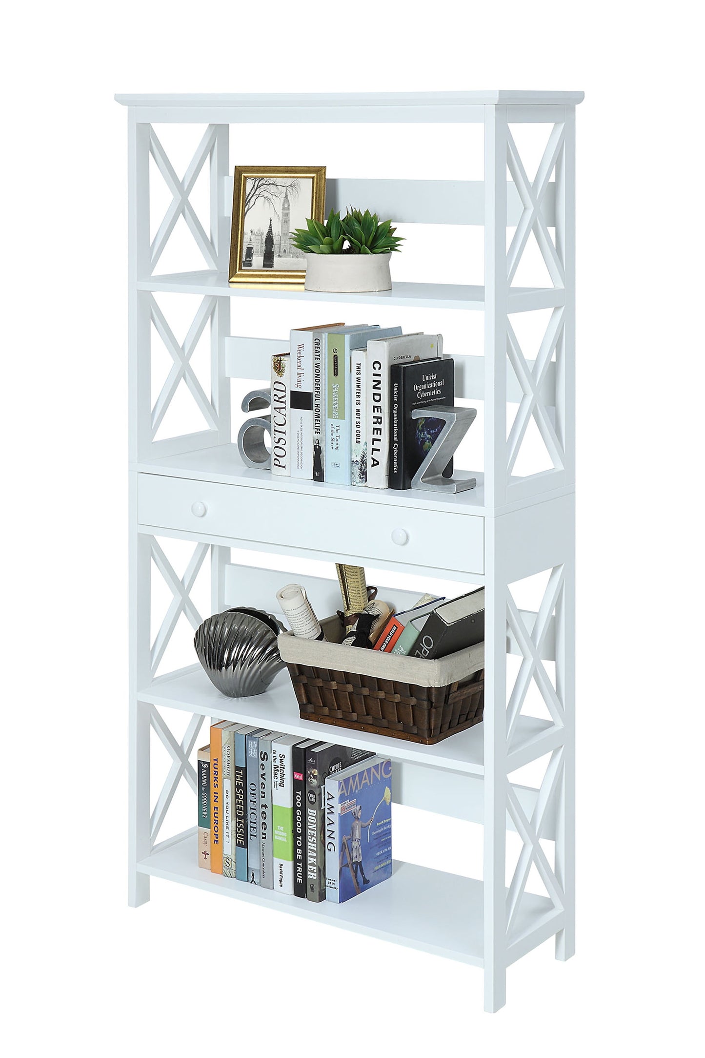 Convenience Concepts Oxford 5 Tier Bookcase with Drawer, White, All Ages