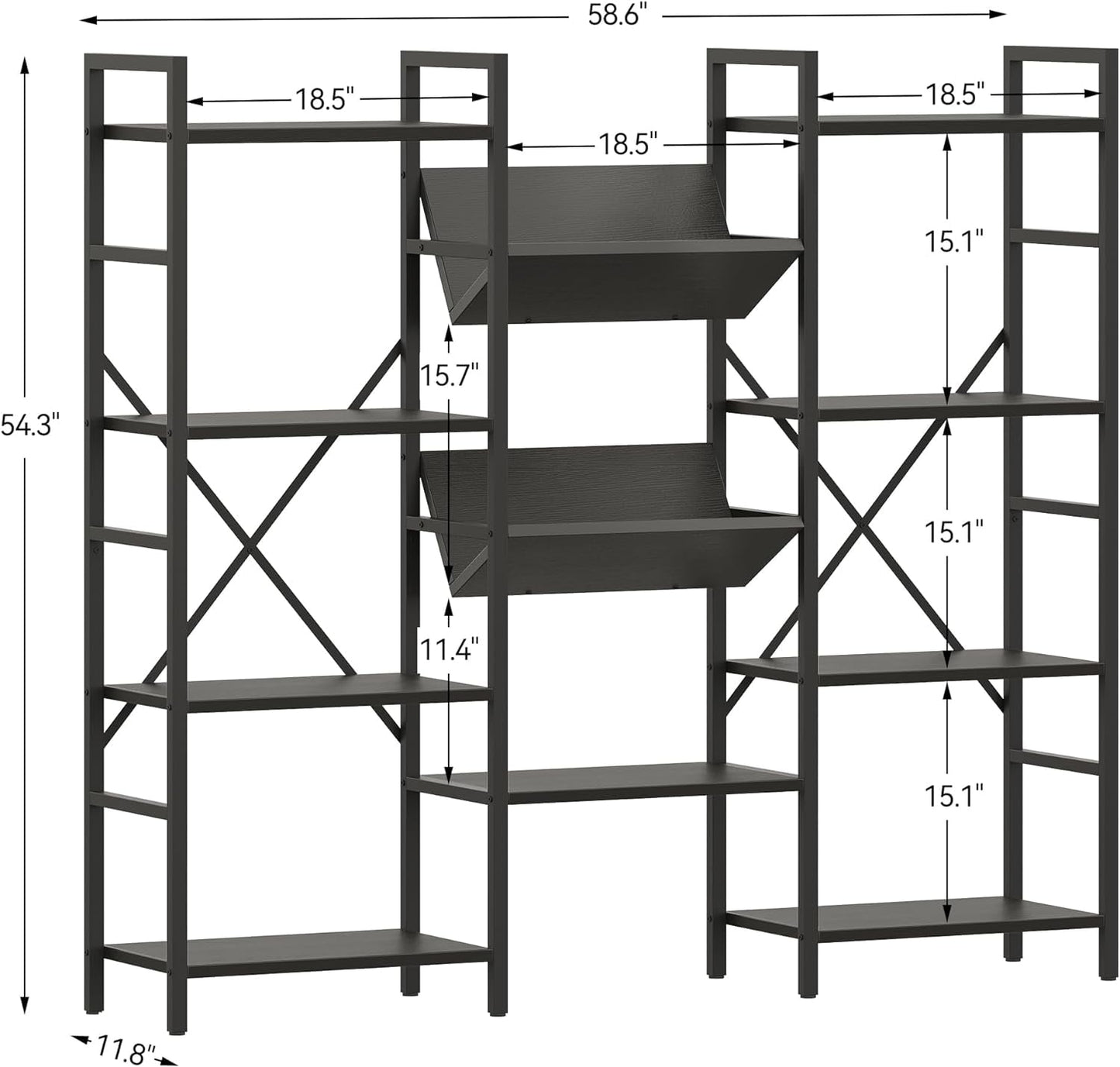 NEILA Triple Wide 4-Tier Bookshelf Bookcase with Open Display Rack V-Shaped Storage Shelf, Large Book Shelves with Metal Frame & Wood Top for Living Room, Bedroom, Home Office, Rustic Black
