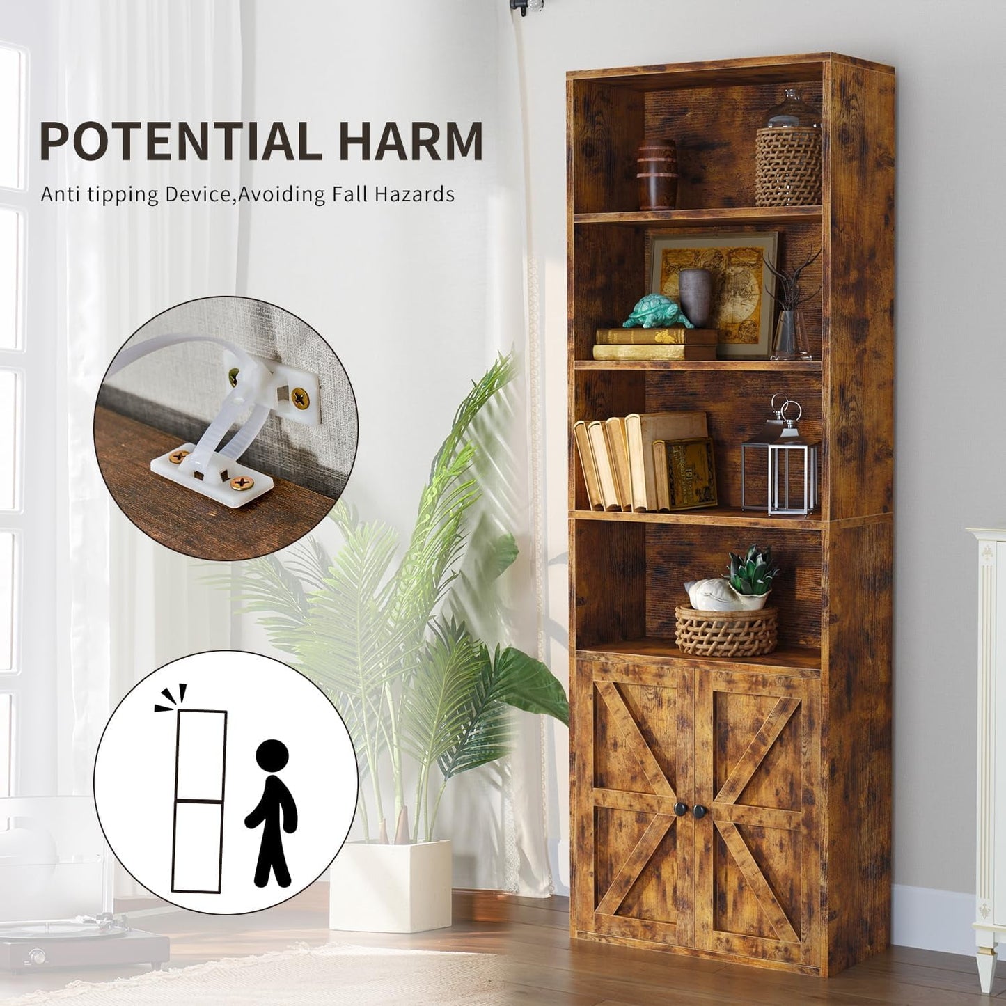 6 Tier Bookshelf and Bookcase Set of 2,Wooden Bookshelves with Cabinet Doors, Floor Bookshelves and Office Storage Cabinets for Home Office, Living Room,Brown