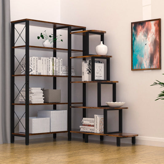 NBTiger 5- Shelf Study Corner Bookshelf, L-Shaped Large Reversible Bookcase Storage Organizer Open Display Freestanding Storage, Brown