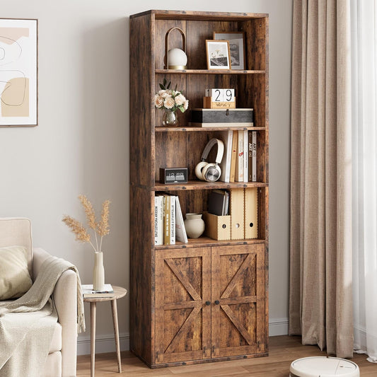 NEILA Bookcase with Doors Industrial Bookshelf 11.8 in Depth Display Storage Shelves 71.4 in Tall Farmhouse Bookcases Wooden 6 Shelf Bookshelves for Bedroom, Living Room, Home Office, Brown