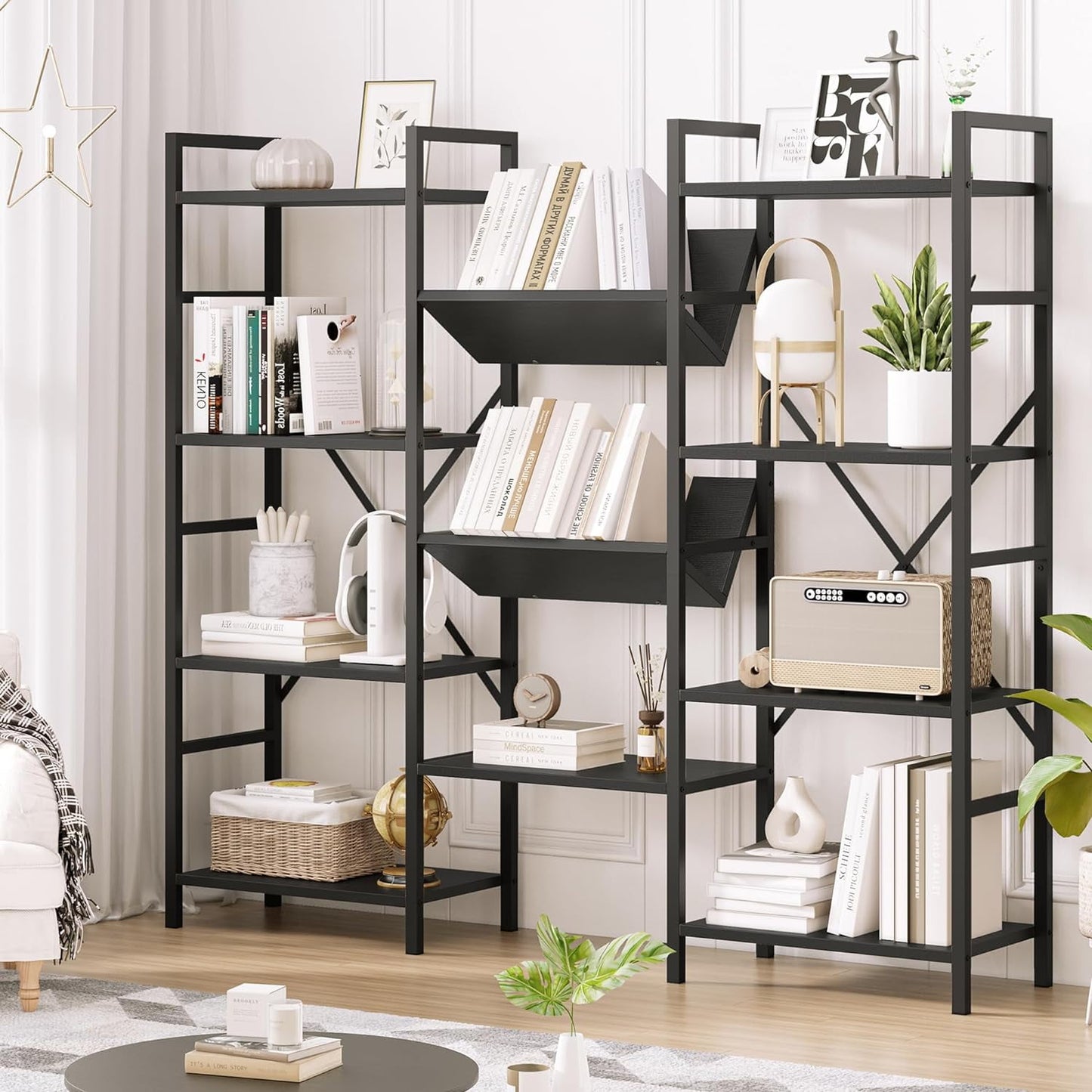 NEILA Triple Wide 4-Tier Bookshelf Bookcase with Open Display Rack V-Shaped Storage Shelf, Large Book Shelves with Metal Frame & Wood Top for Living Room, Bedroom, Home Office, Rustic Black