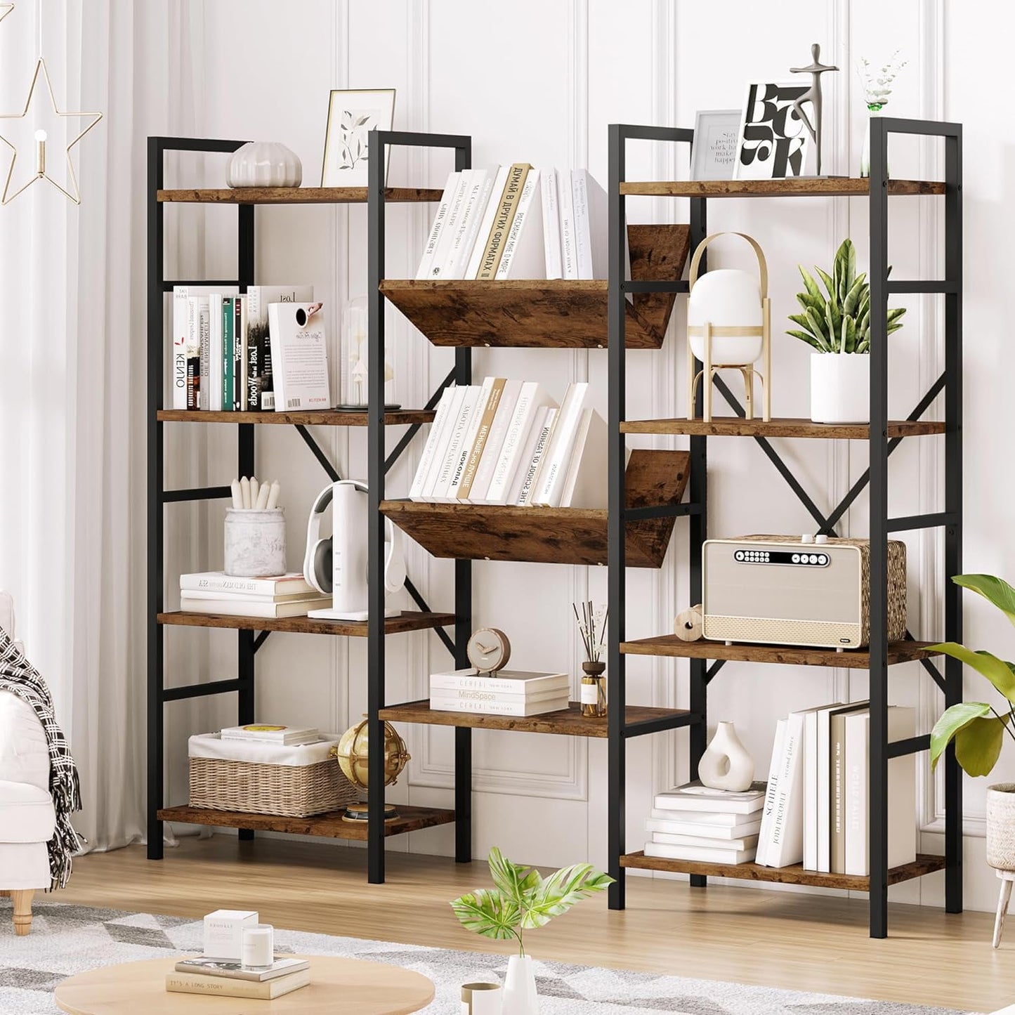 NEILA Triple Wide 4-Tier Bookshelf Bookcase with Open Display Rack V-Shaped Storage Shelf, Large Book Shelves with Metal Frame & Wood Top for Living Room, Bedroom, Home Office, Rustic Black