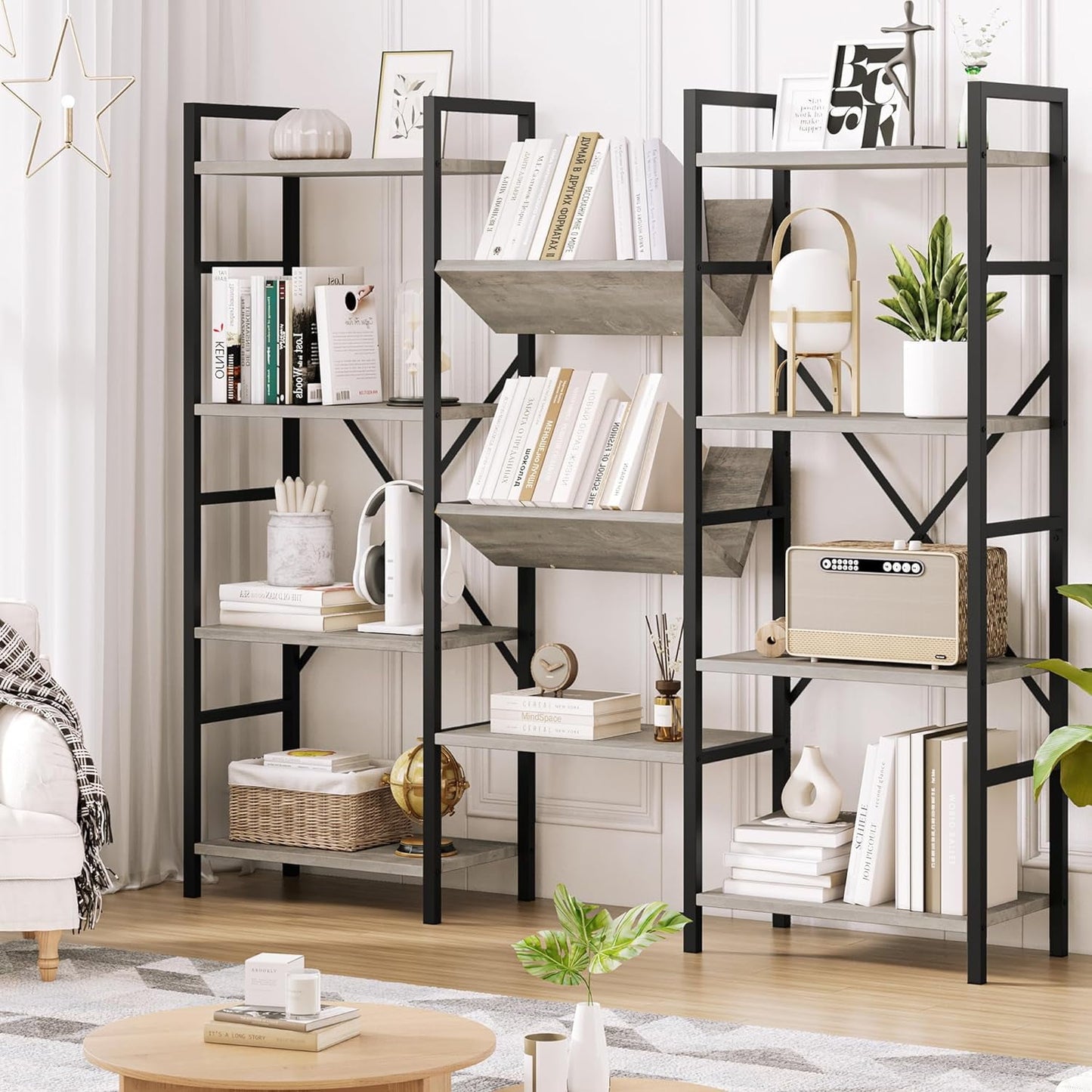 NEILA Triple Wide 4-Tier Bookshelf Bookcase with Open Display Rack V-Shaped Storage Shelf, Large Book Shelves with Metal Frame & Wood Top for Living Room, Bedroom, Home Office, Rustic Black