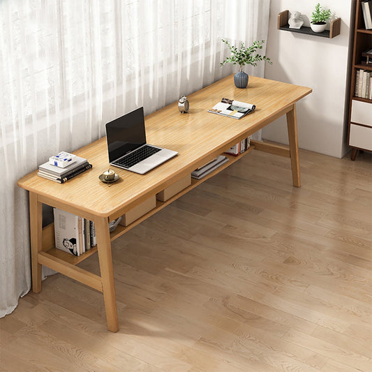 NELYE Extra Long Desk with Bookshelf - 55 Inches Home Office Work Study Extra Long Table, Wooden 2-Person Computer Workstation with Storage Shelf in Oak, 55inWx20inDx30inH